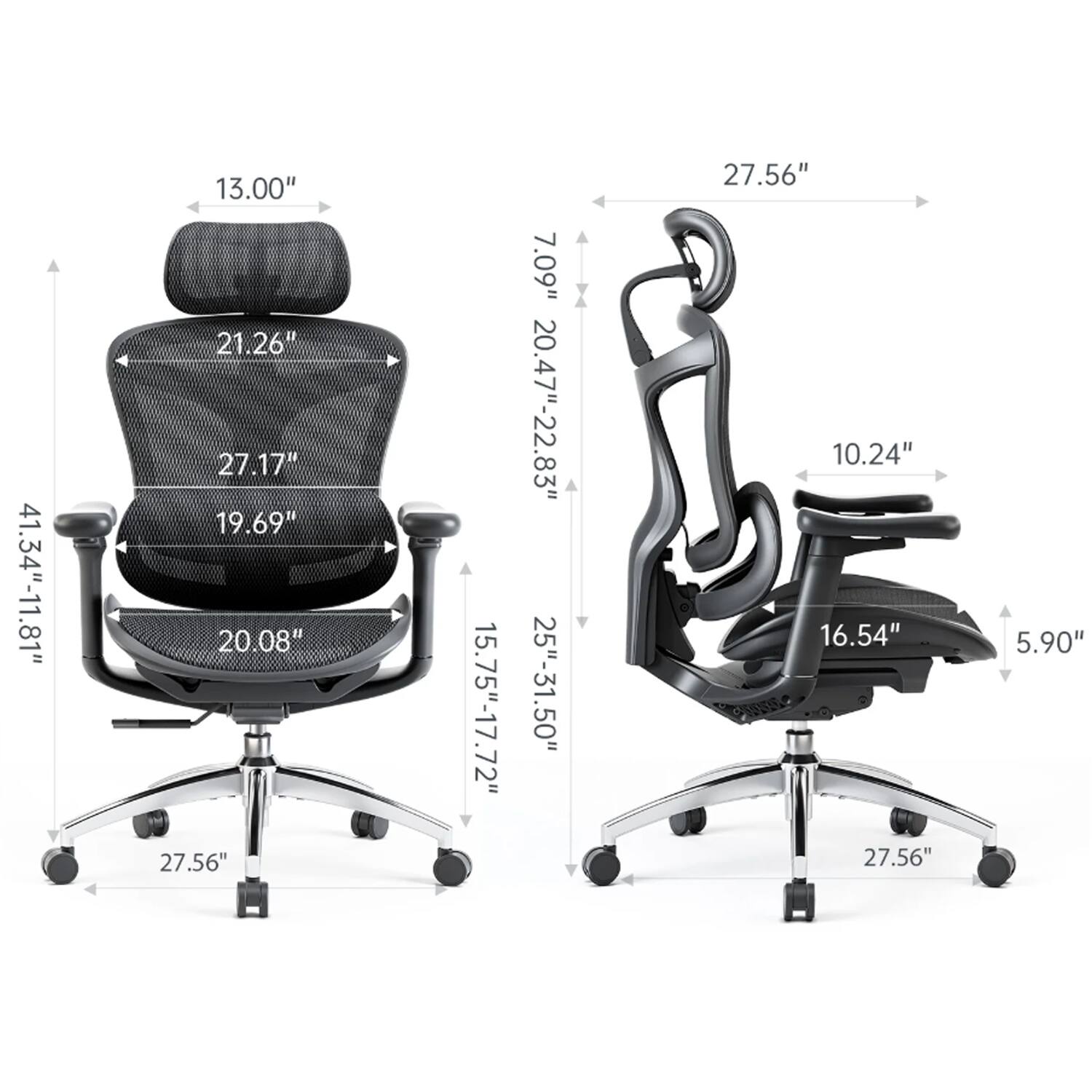 The text can be grouped as follows:

- Height: 41.34"-11.81"
- Backrest height: 13.00"
- Seat height: 21.26"
- Seat width: 27.17"
- Seat depth: 19.69"
- Seat depth adjustment: 20.08"
- Armrest height: 15.75"-17.72"
- Backrest tilt: 7.09"
- Backrest recline: 20.47"-22.83"
- Backrest recline angle: 25"-31.50"
- Armrest width: 10.24"
- Armrest height: 16.54"
- Caster wheel height: 5.90"
- Base width: 27.56"
- Base depth: 27.56"