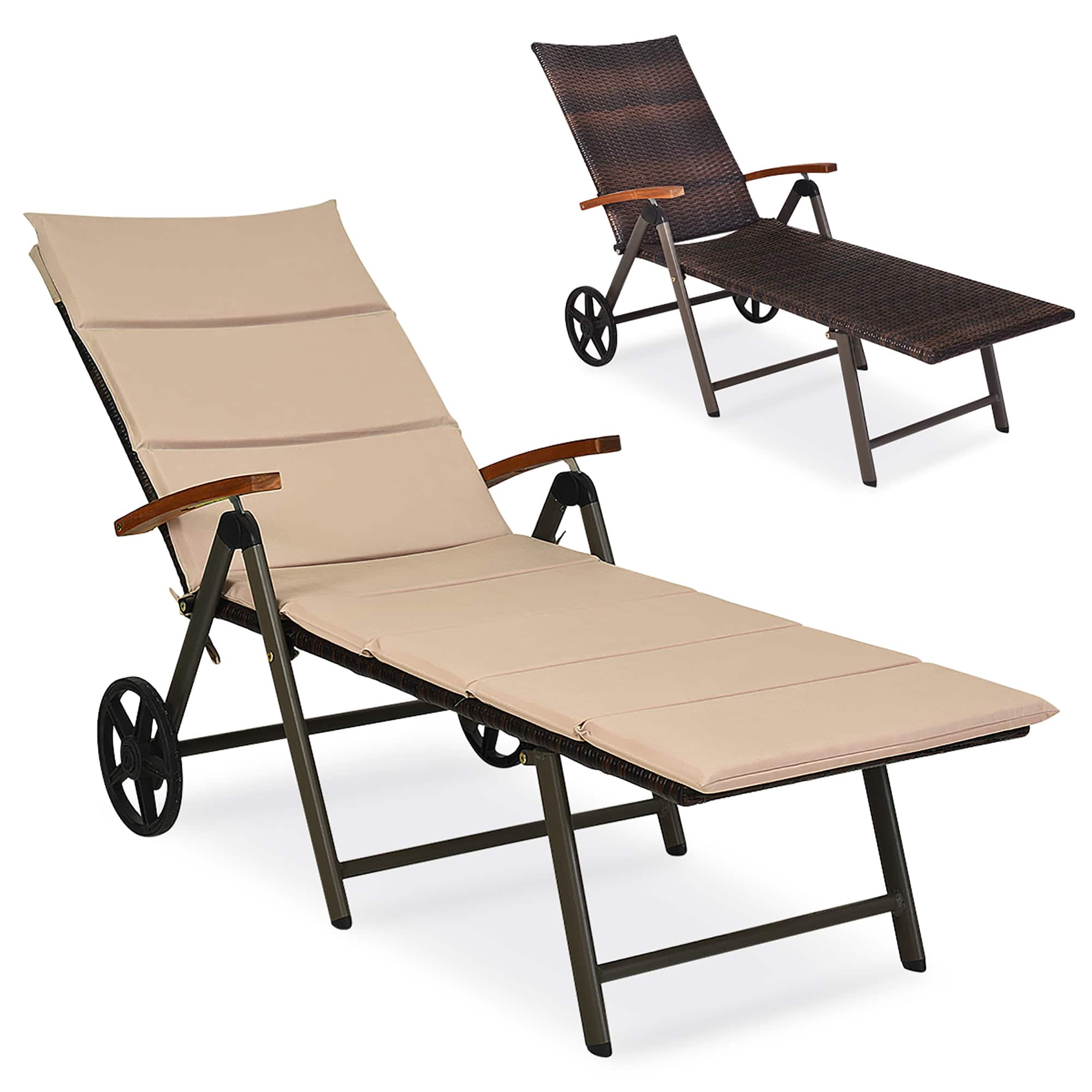 Costway - Patio Folding Chaise Lounge PE Rattan Foldable Recliner Bed w/ 7-Position Adjustable Backrest Removable Cushion - Brown