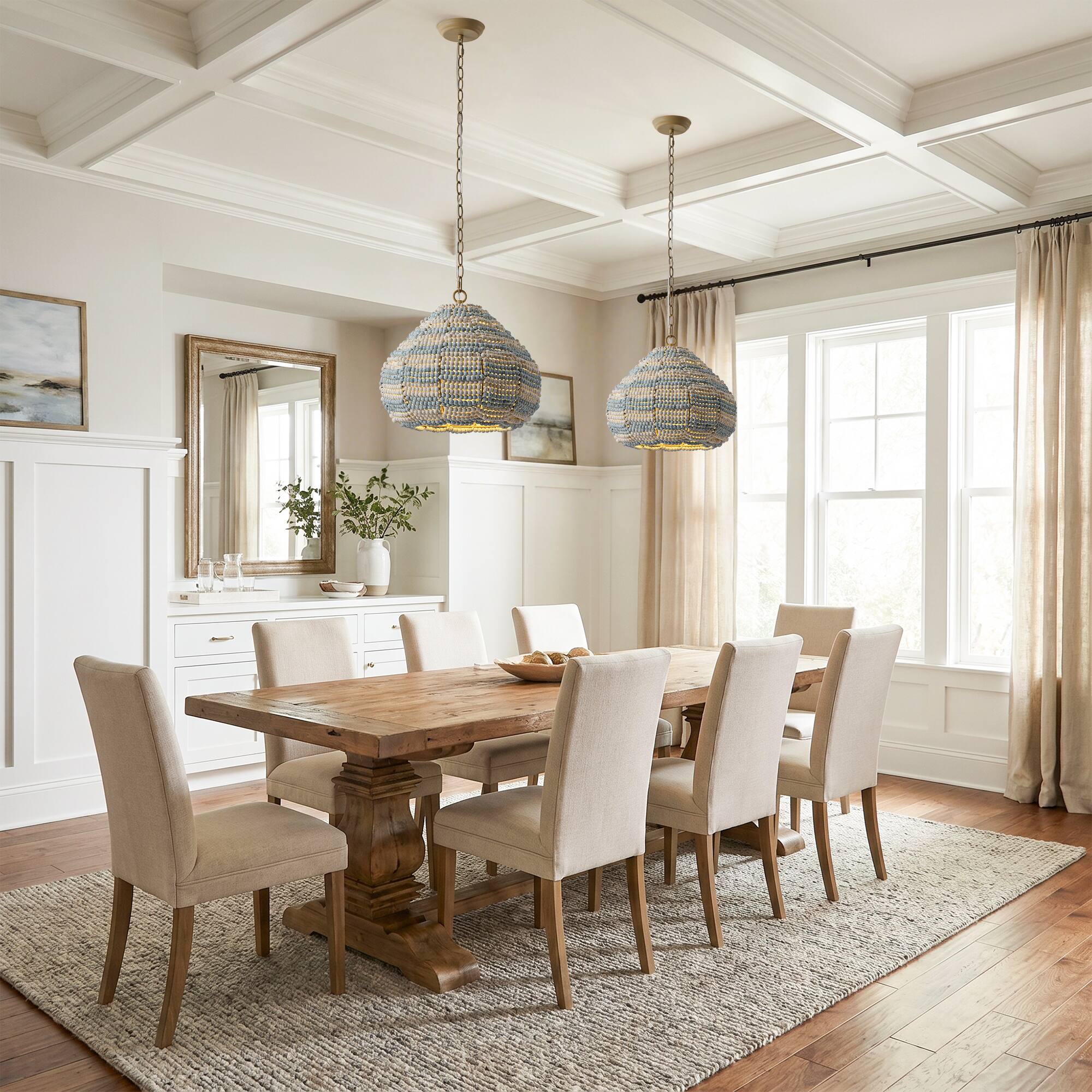 Angle. Parrot Uncle - 15.7" Boho Wood Beaded 2-Light Adjustable Pendant Light for Dining Room and Kitchen Island - White,Blue.