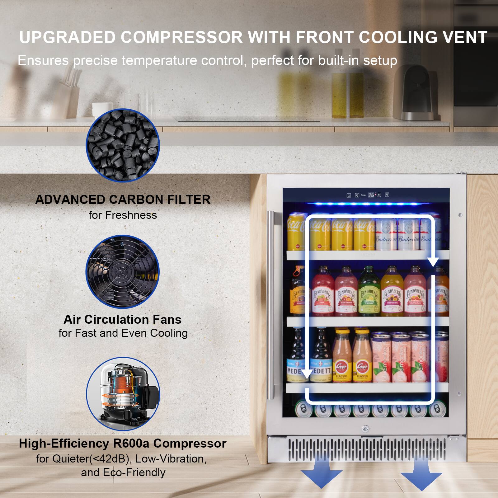 UPGRADED COMPRESSOR WITH FRONT COOLING VENT  
Ensures precise temperature control, perfect for built-in setup  

ADVANCED CARBON FILTER  
for Freshness  

Air Circulation Fans  
for Fast and Even Cooling  

High-Efficiency R600a Compressor  
for Quieter (<42dB), Low-Vibration, and Eco-Friendly