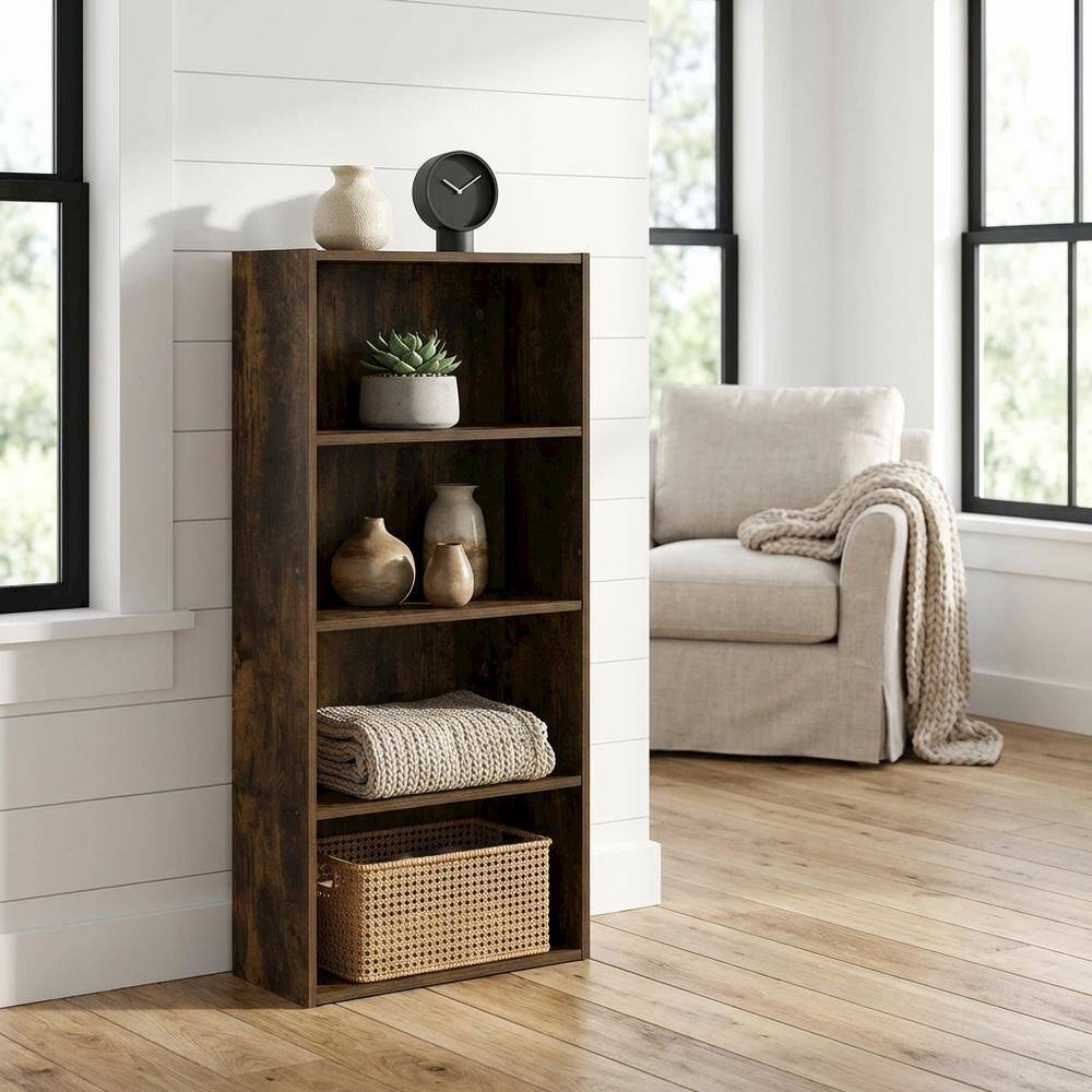 Angle. FurniFact - Engineered Wood Bookcase with Shelves for Home Storage and Organization - Amber Pine.