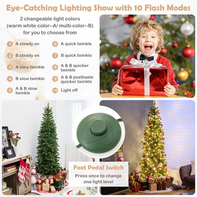 Eye-Catching Lighting Show with 10 Flash Modes

2 changeable light colors (warm white color--A/ multi-color--B) for you to choose from

1. A steady on
2. B steady on
3. A slow twinkle
4. B slow twinkle
5. A & B slow twinkle
6. A quick twinkle
7. B quick twinkle
8. A & B quicker twinkle
9. A & B posthaste quicker twinkle
10. Light off

Foot Pedal Switch
Press once to change one light level