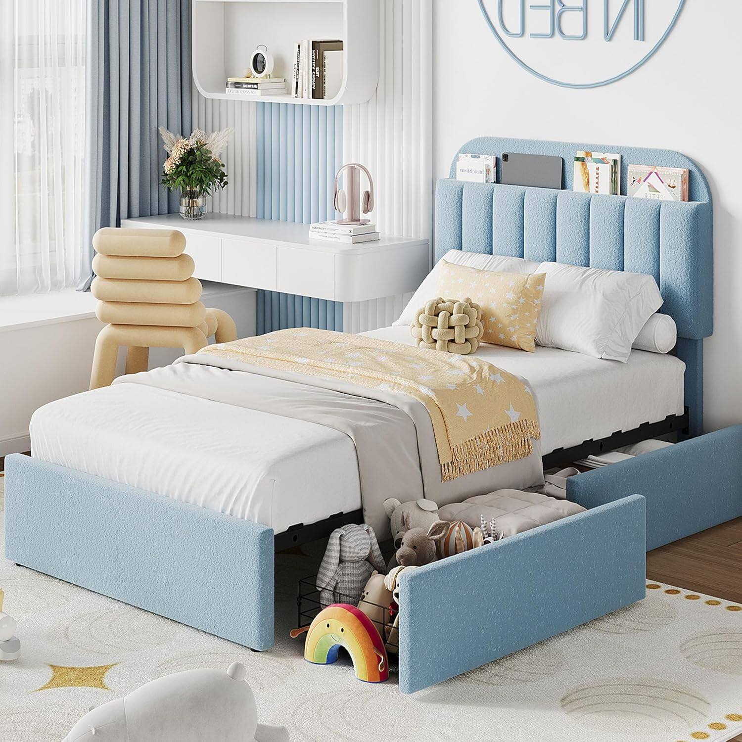Jojoka - Blue Twin Bed Frame with Storage Headboard & 2 Drawers, Boucle Upholstered Platform, Bookcase, No Box Spring - Blue