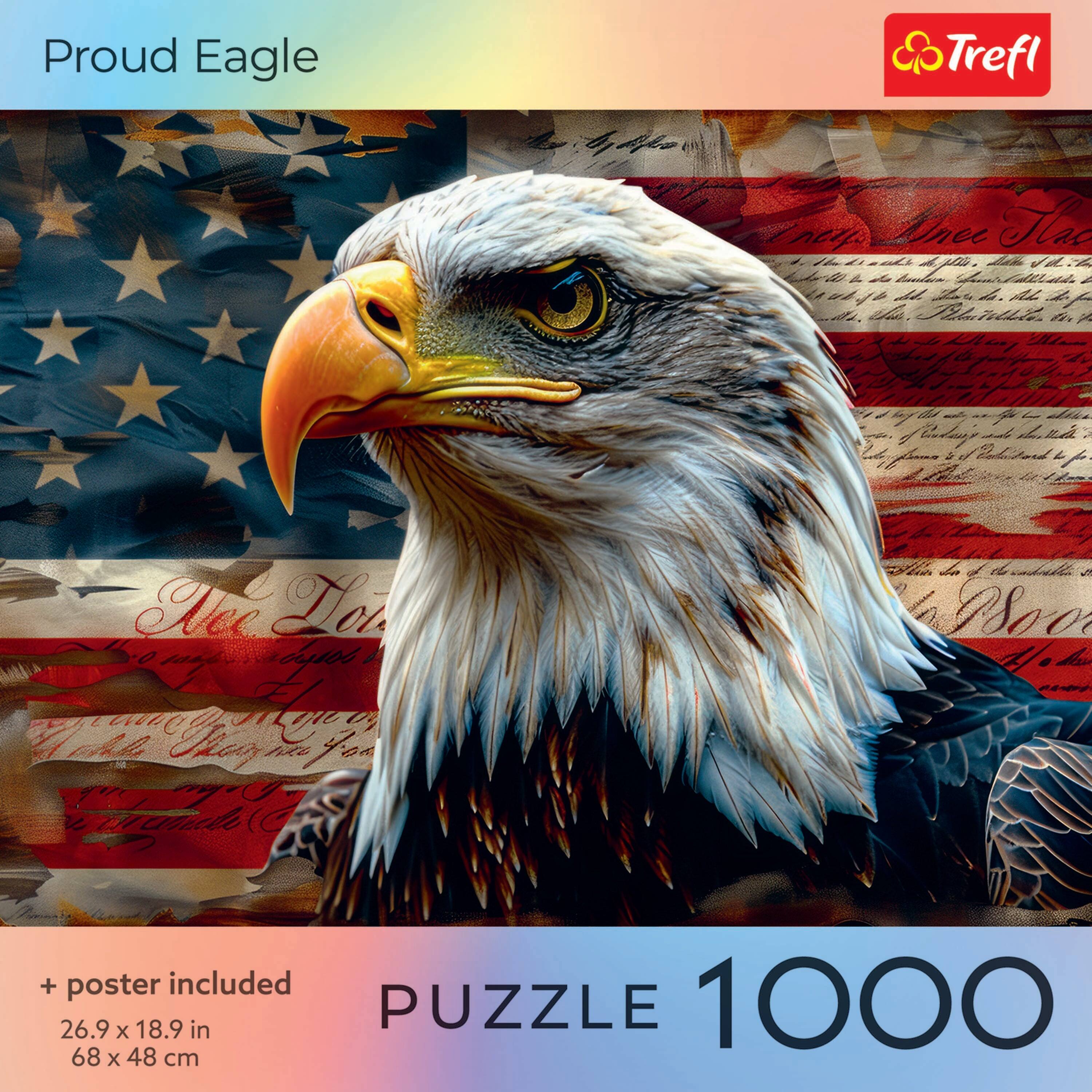 Proud Eagle  
CP Trefl  
by the  
Dree Jac New de 4 de taulum, V del. da. Ma Use. Pibitellite to it  
side  
u's for  
Lois way... abyes Mide 4:00  
In  
+ poster included 26.9 X 18.9 in PUZZLE 1000 68 X 48 cm
