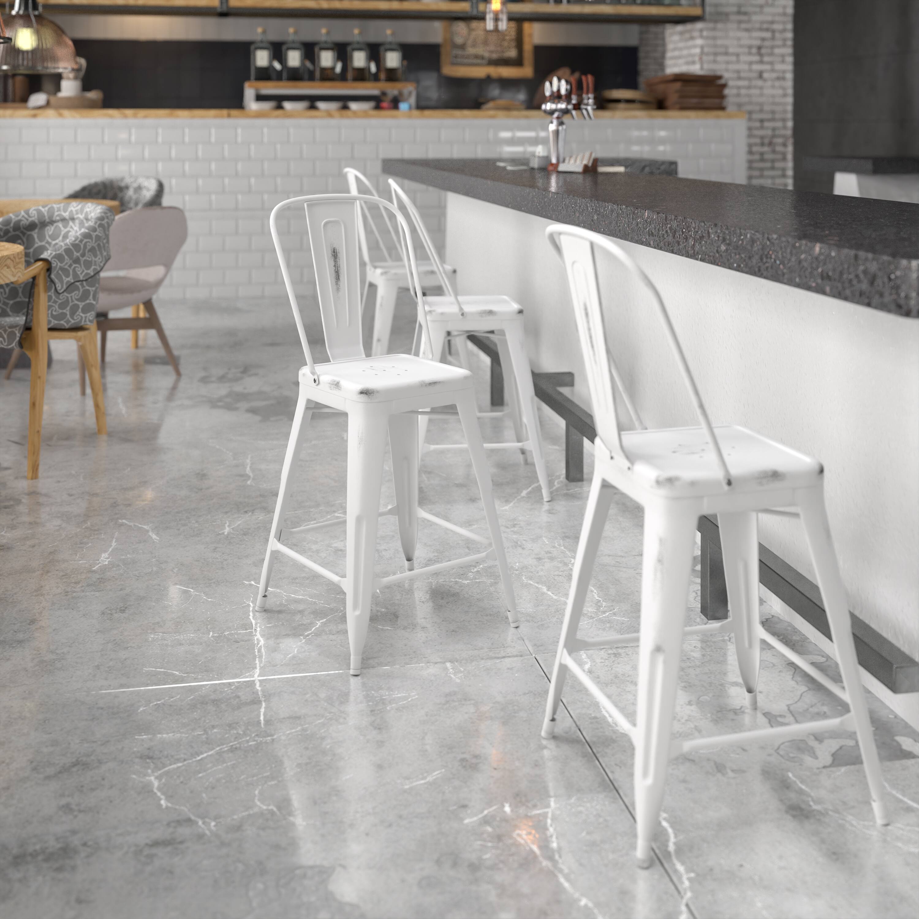 Alt View 1. Emma + Oliver - Commercial Grade 24"H Distressed Metal Indoor-Outdoor Counter Stool with Back - White.
