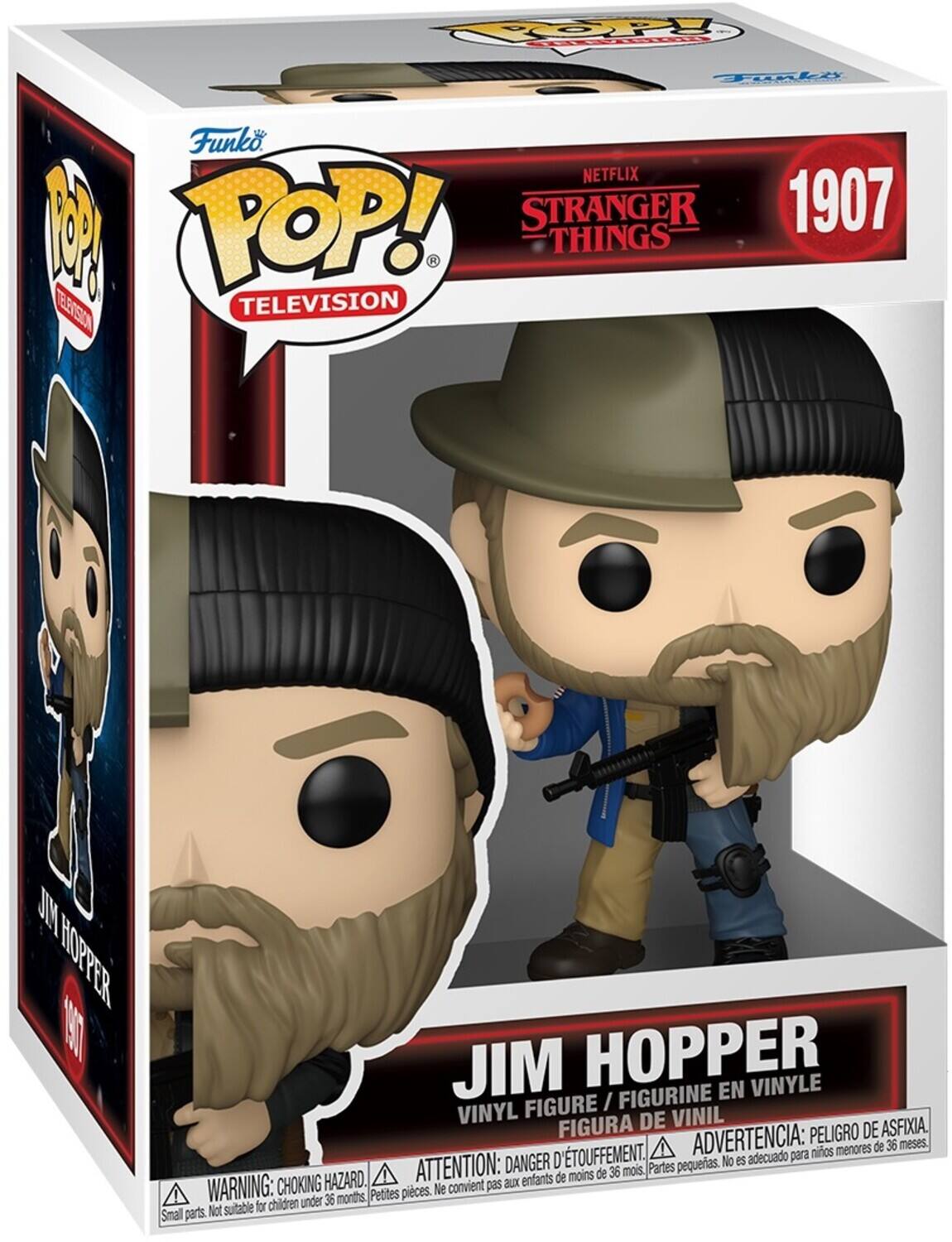 Funko POP! TELEVISION  
NETFLIX STRANGER THINGS  
1907  
JIM HOPPER  
VINYL FIGURE / FIGURINE EN VINYLE / FIGURA DE VINIL  

ADVERTENCIA: PELIGRO DE ASFIXIA.  
ATTENTION: DANGER D'ÉTOUFFEMENT.  
WARNING: CHOKING HAZARD.  
Not suitable for children under 36 months.  
Petites pièces. Ne convient pas aux enfants de moins de 36 mois.  
Small parts.