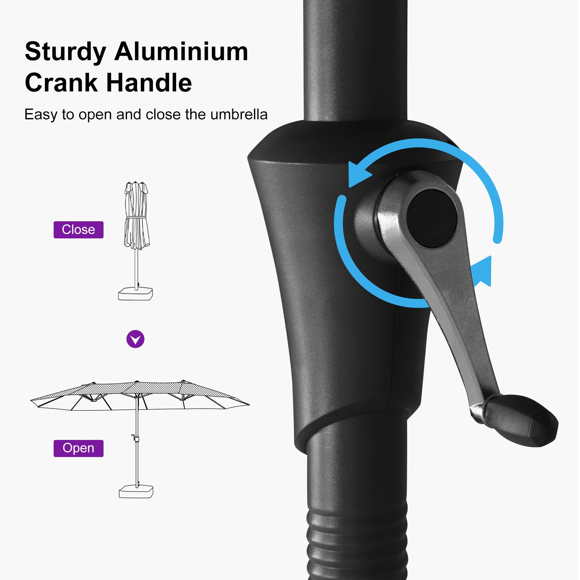 Sturdy Aluminium Crank Handle  
Easy to open and close the umbrella  

Close  
Open