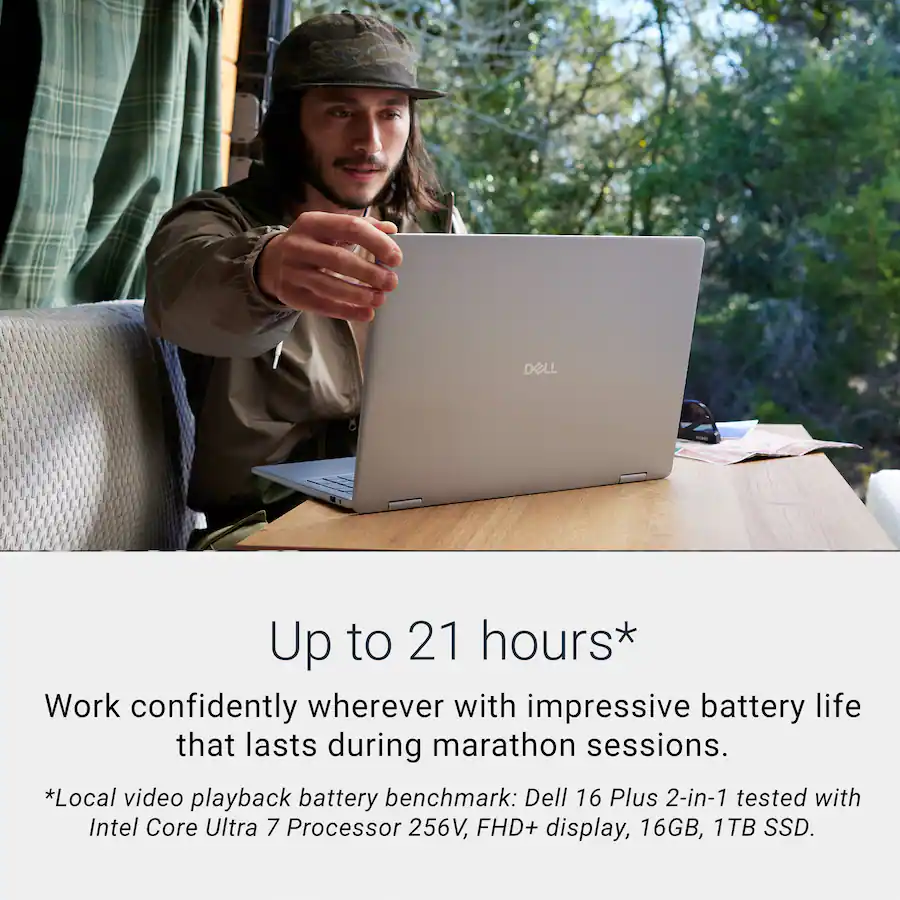 The text on the image is already grouped and correctly written. It reads: "DELL Up to 21 hours* Work confidently wherever with impressive battery life that lasts during marathon sessions. *Local video playback battery benchmark: Dell 16 Plus 2-in-1 tested with Intel Core Ultra 7 Processor 256V, FHD+ display, 16GB, 1TB SSD."