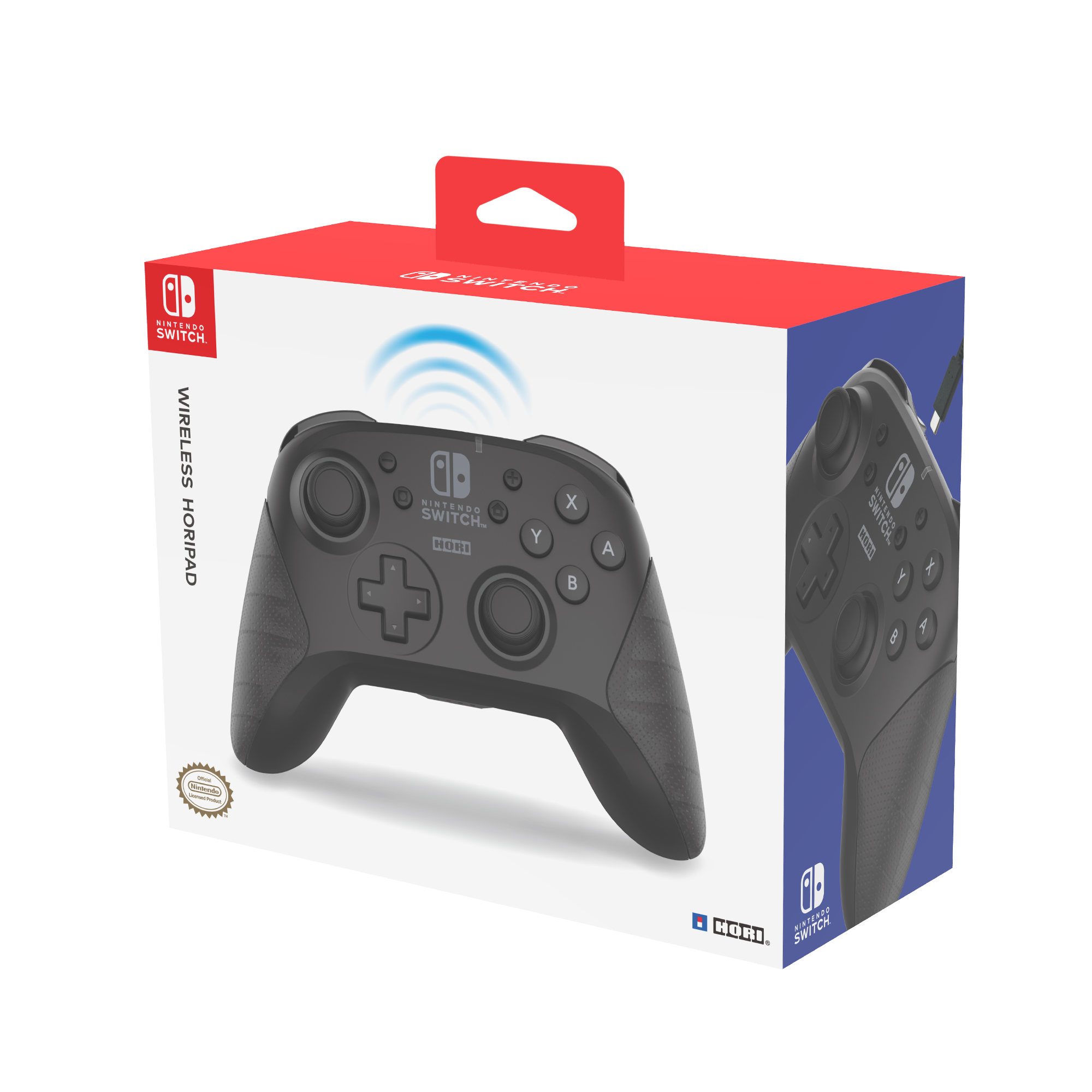 The image shows a Nintendo Switch Wireless Controller in a box. The controller is black and white, and it is designed for use with the Nintendo Switch gaming system. The box also has a red and blue color scheme, adding to the overall presentation of the product.