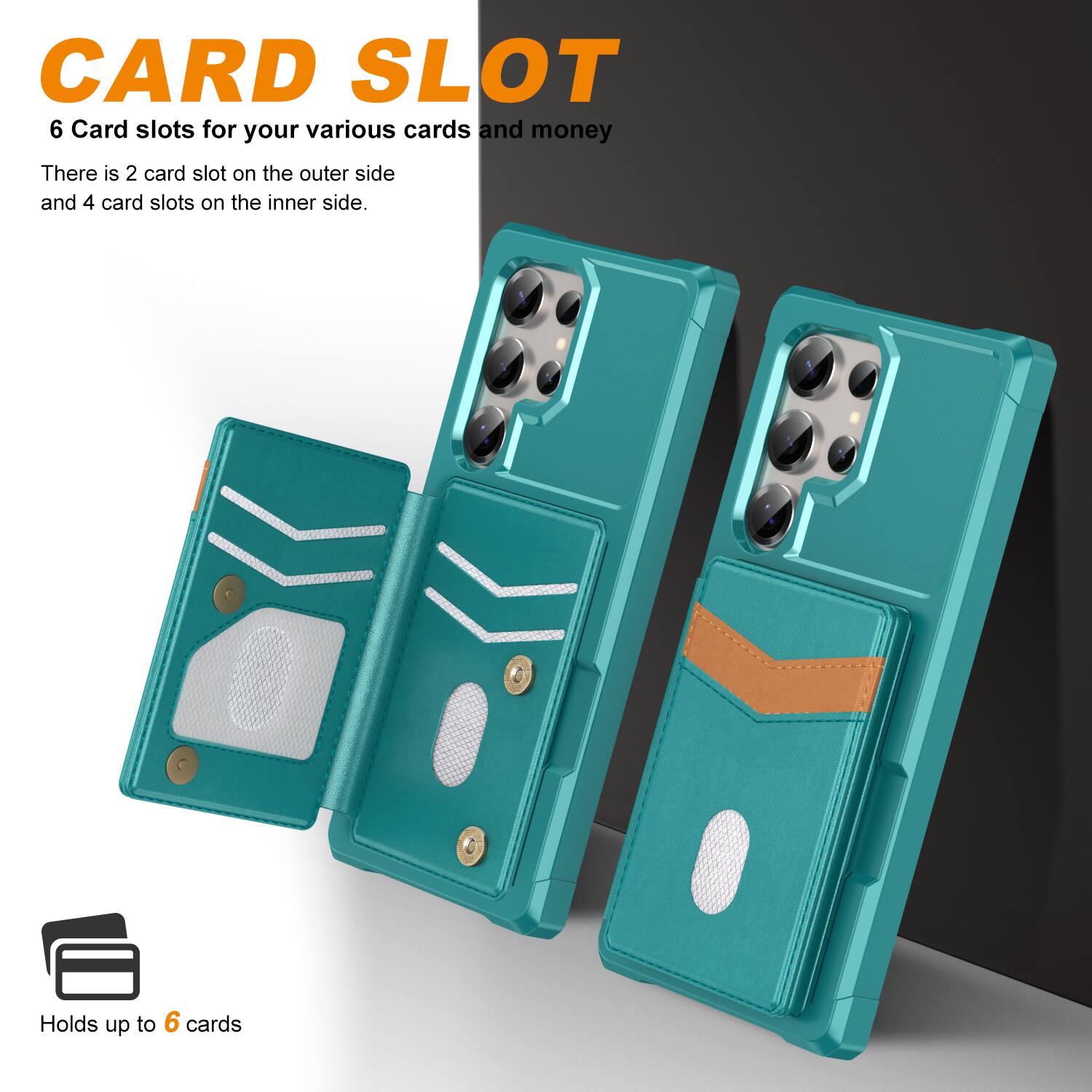 CARD SLOT  
6 Card slots for your various cards and money  
There is 2 card slot on the outer side and 4 card slots on the inner side.  
Holds up to 6 cards