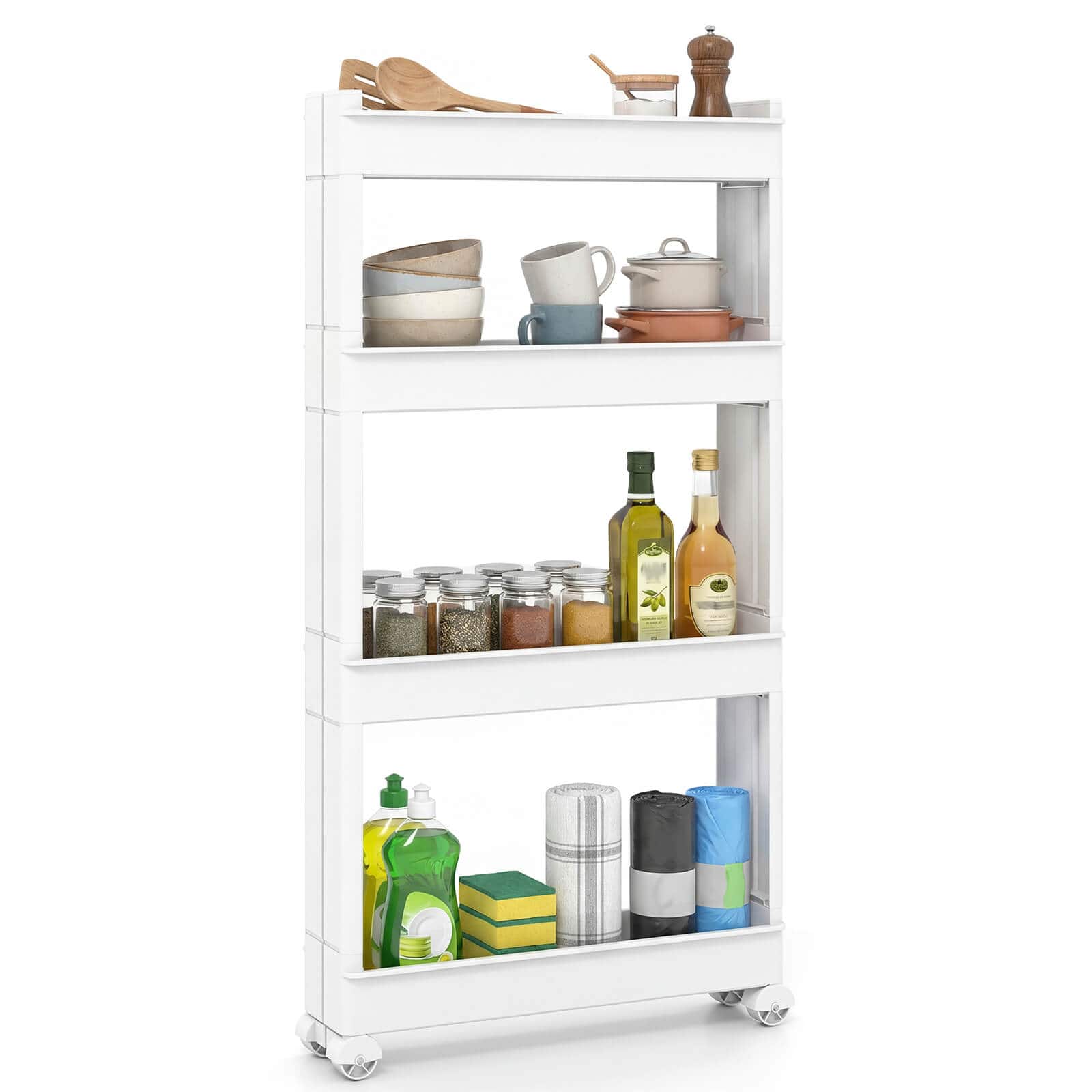 Costway - 4-Tier Rolling Utility Cart with Detachable Trays and Smooth Wheels for Kitchen 20" × 5" × 40" (L × W × H) - Off White