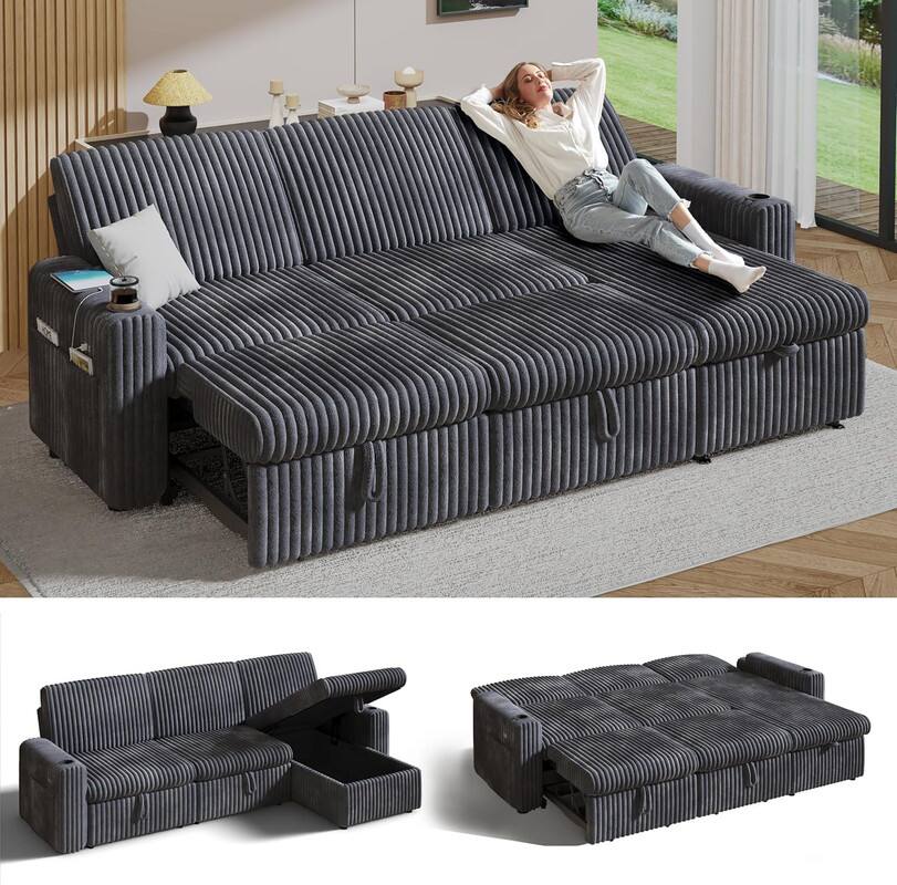 Alt View 1. Dyonery - Dyonery 101" Sectional Sleeper Sofa Bed with Pull Out Bed, L Shaped Couch Sleeper Sofa,Plush Corduroy Gray - Gray.