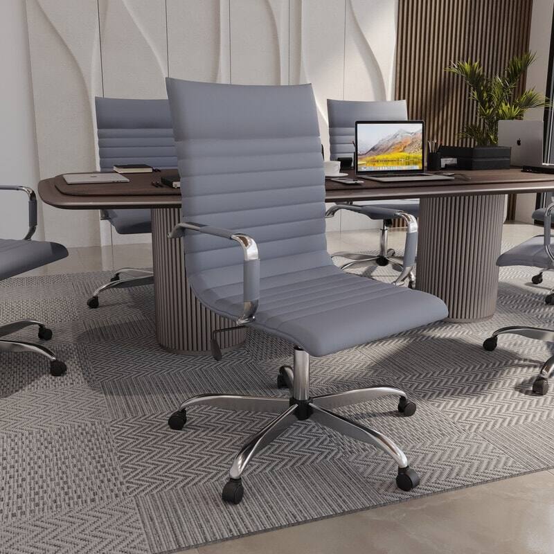 Angle. LeisureMod - Harris High-Back Office Chair, Leather Upholstery with Gold Metal Frame Modern Armless Desk Chair for Conference Seating - Grey.