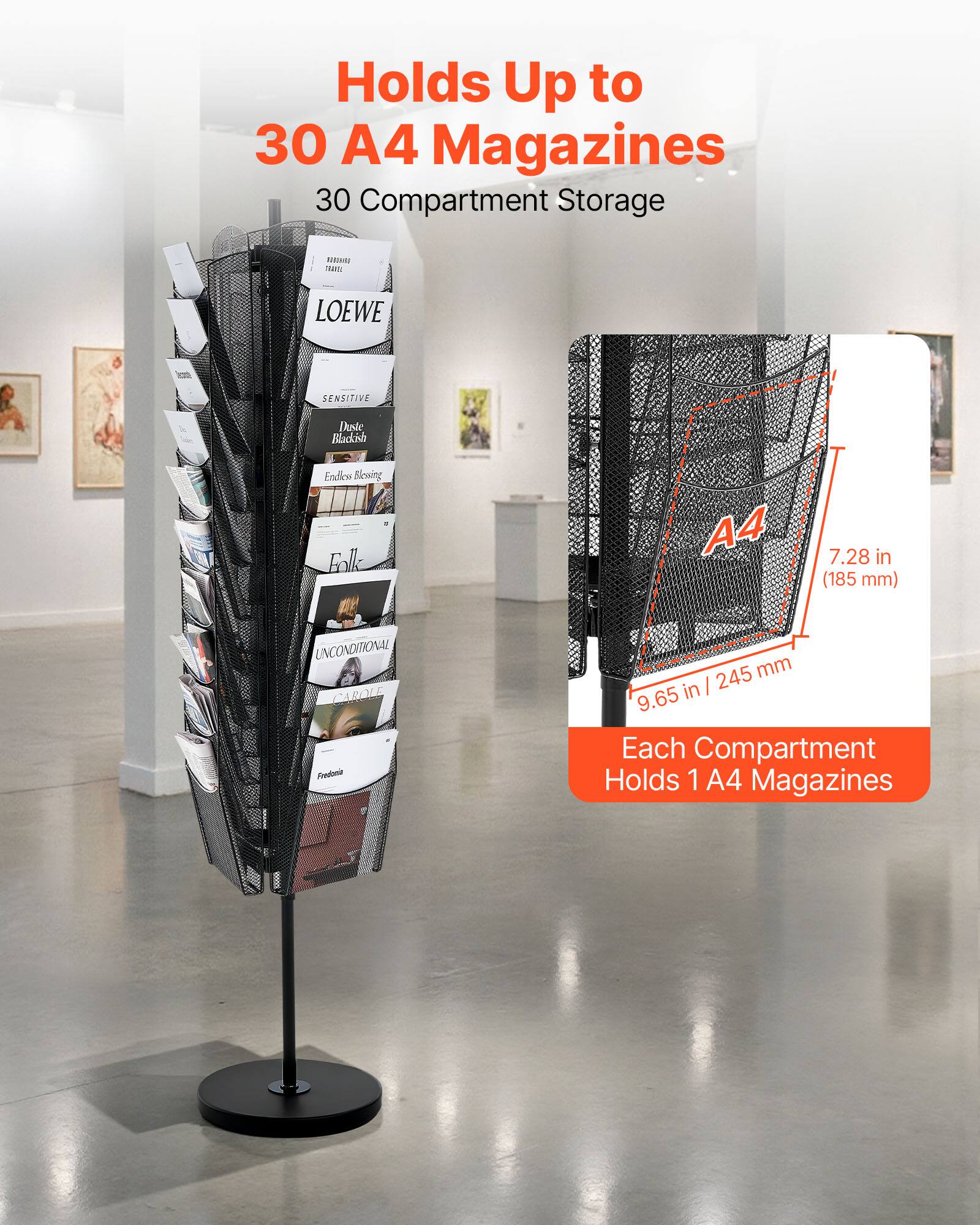 Holds Up to 30 A4 Magazines  
30 Compartment Storage  

Each Compartment Holds 1 A4 Magazines  

A4  
7.28 in (185 mm)  
9.65 in | 245 mm