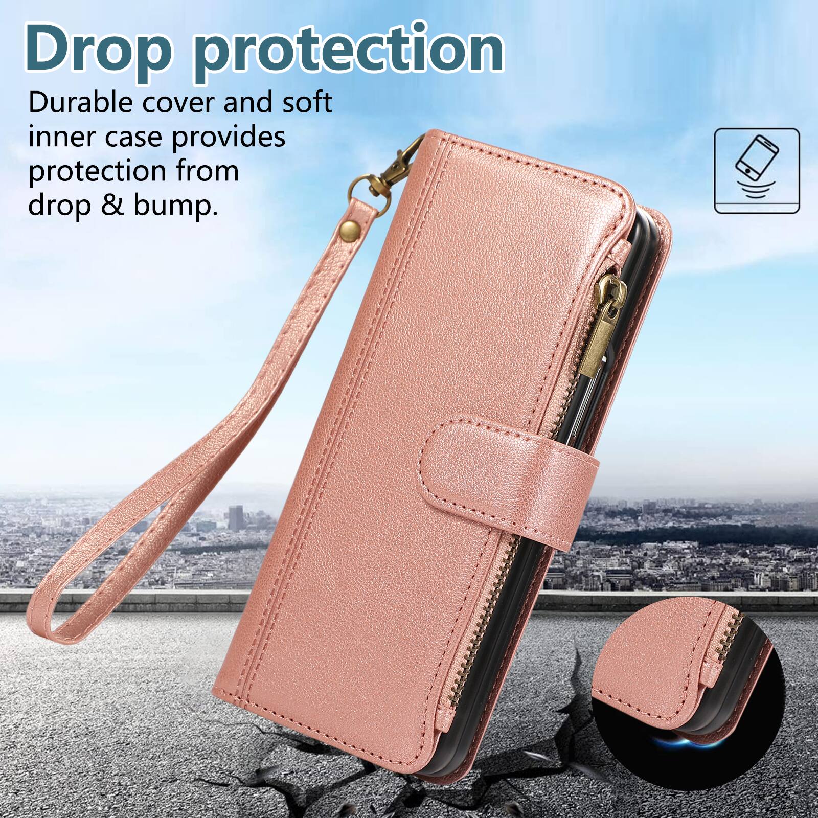 Drop protection  
Durable cover and soft inner case provides protection from drop & bump.