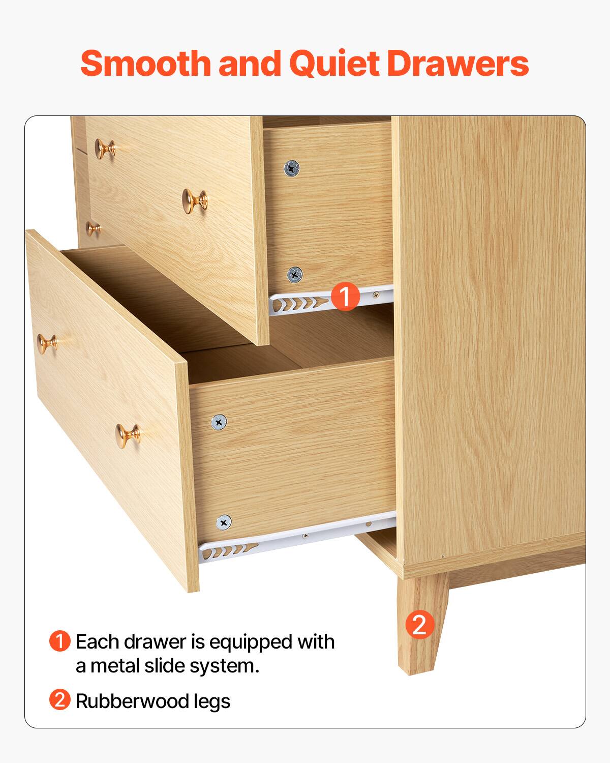 Smooth and Quiet Drawers

1. Each drawer is equipped with a metal slide system.
2. Rubberwood legs