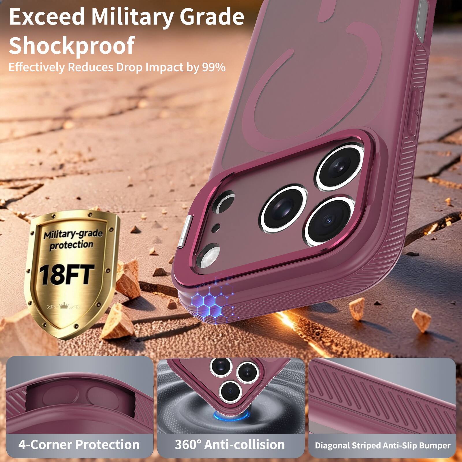 Exceed Military Grade Shockproof  
Effectively Reduces Drop Impact by 99%  

Military-grade protection 18FT  

4-Corner Protection  
360° Anti-collision  
Diagonal Striped Anti-Slip Bumper