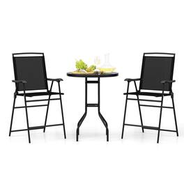 Costway - 3 PCS Outdoor Bar Stool Set with DPC Tabletop Umbrella Hole & Footrest 2 Chairs - Black