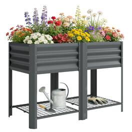 Outsunny - Garden Bed Galvanized Steel, Elevated Planter Box with Storage Shelf, Bed Liner, 31.5" High - Dark Gray