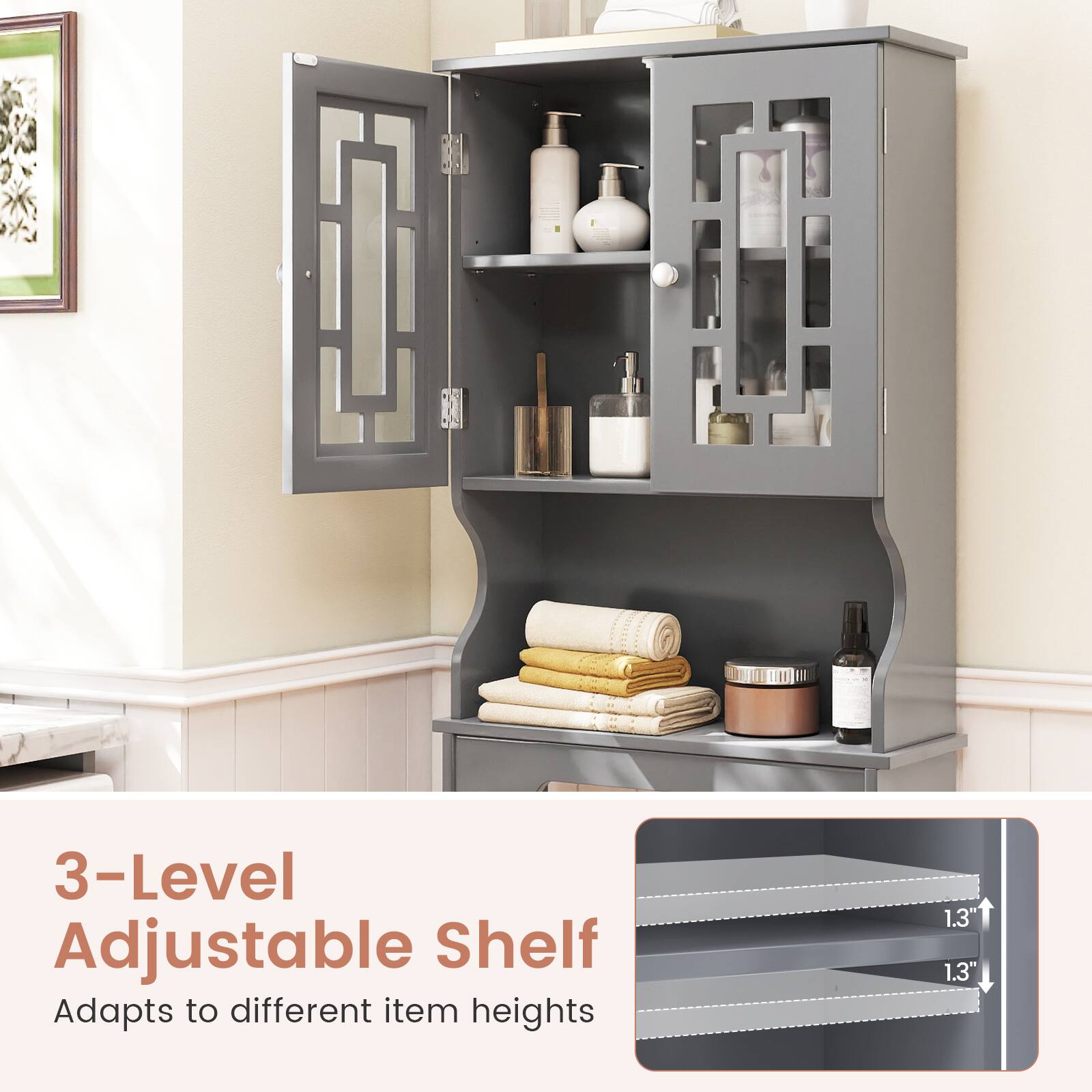 Gymax 67'' Over The Toilet Storage Cabinet w/ Adjustable Shelf Gray ...