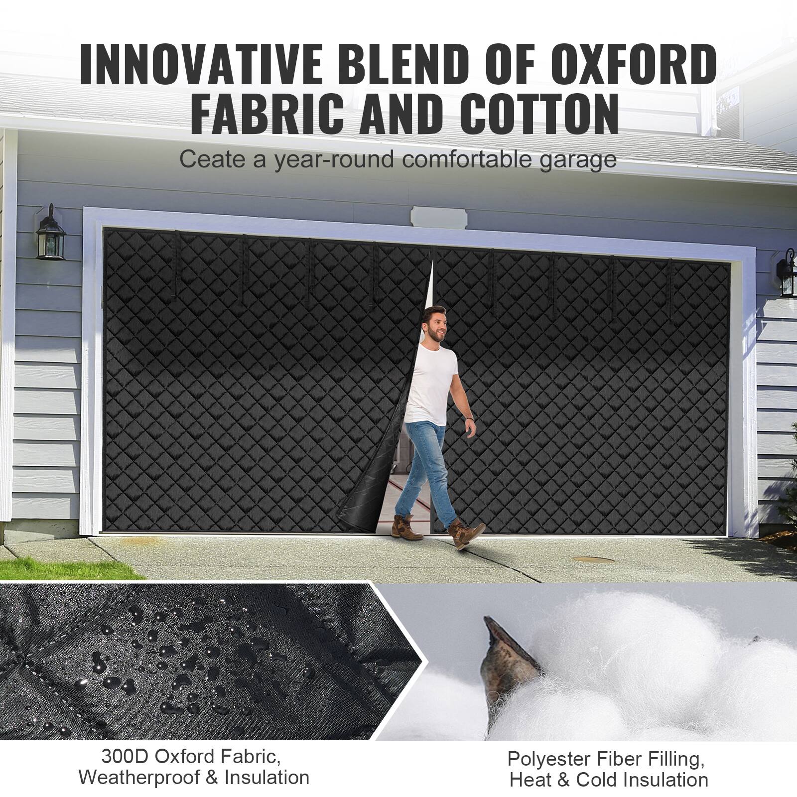 INNOVATIVE BLEND OF OXFORD FABRIC AND COTTON  
Create a year-round comfortable garage  

300D Oxford Fabric, Weatherproof & Insulation  
Polyester Fiber Filling, Heat & Cold Insulation