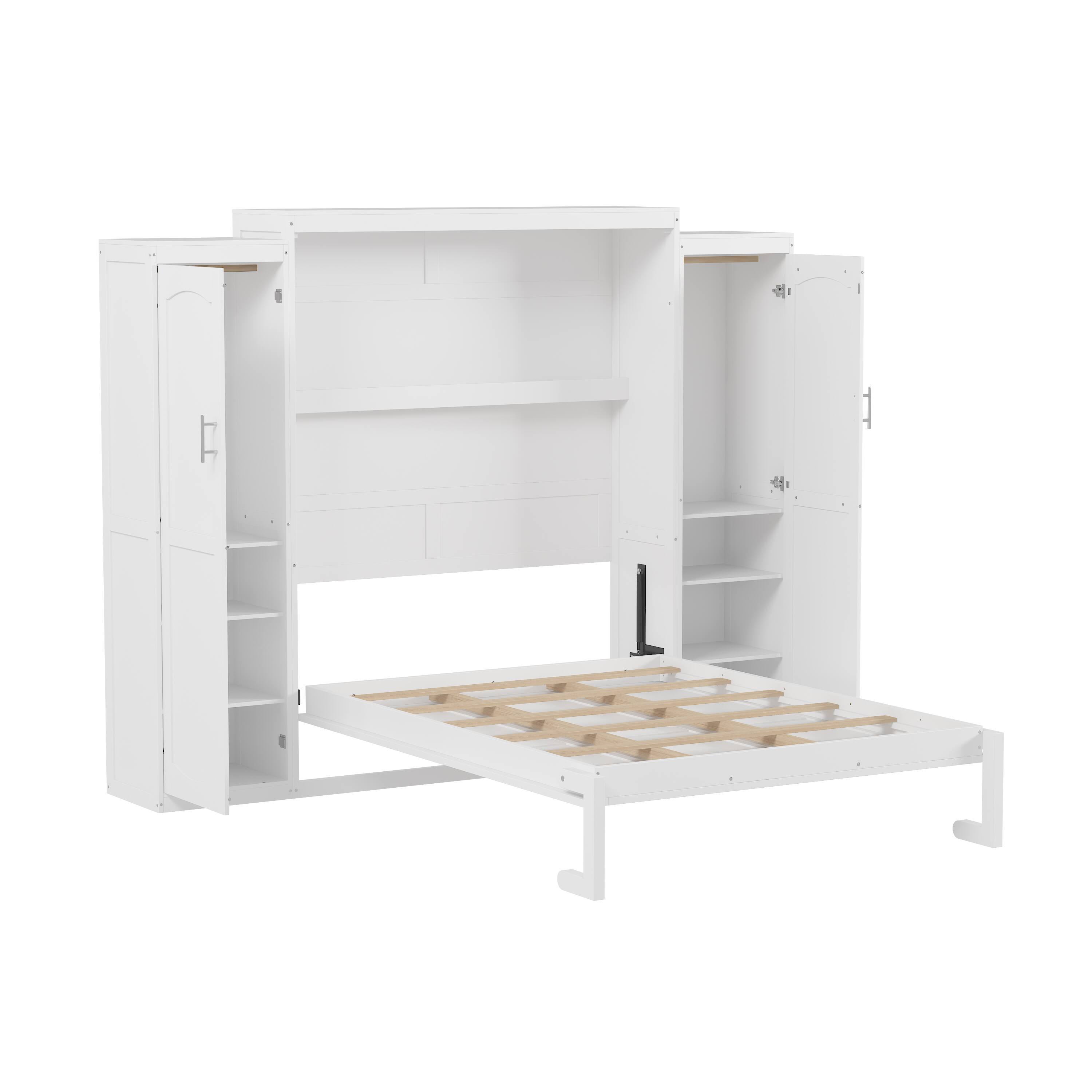 Alt View 5. Tiramisubest - Full Size Murphy Bed with 2 Wardrobe and Storage Shelf, Multifunctional Foldable Platform Bedframe, White - White.