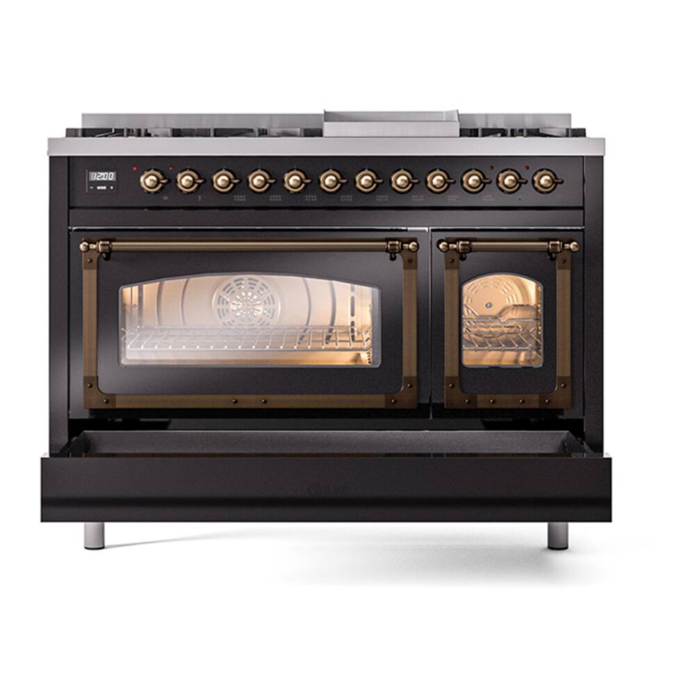 Alt View 8. ILVE - ILVE Nostalgie II 48 inch Dual Fuel Range with 8 Burners + Griddle (Natural Gas, Glossy Black, Burnished Trim) - Glossy Black.