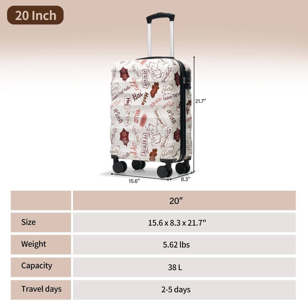 20 Inch

Size: 15.6" x 8.3" x 21.7"
Weight: 5.62 lbs
Capacity: 38 L
Travel days: 2-5 days