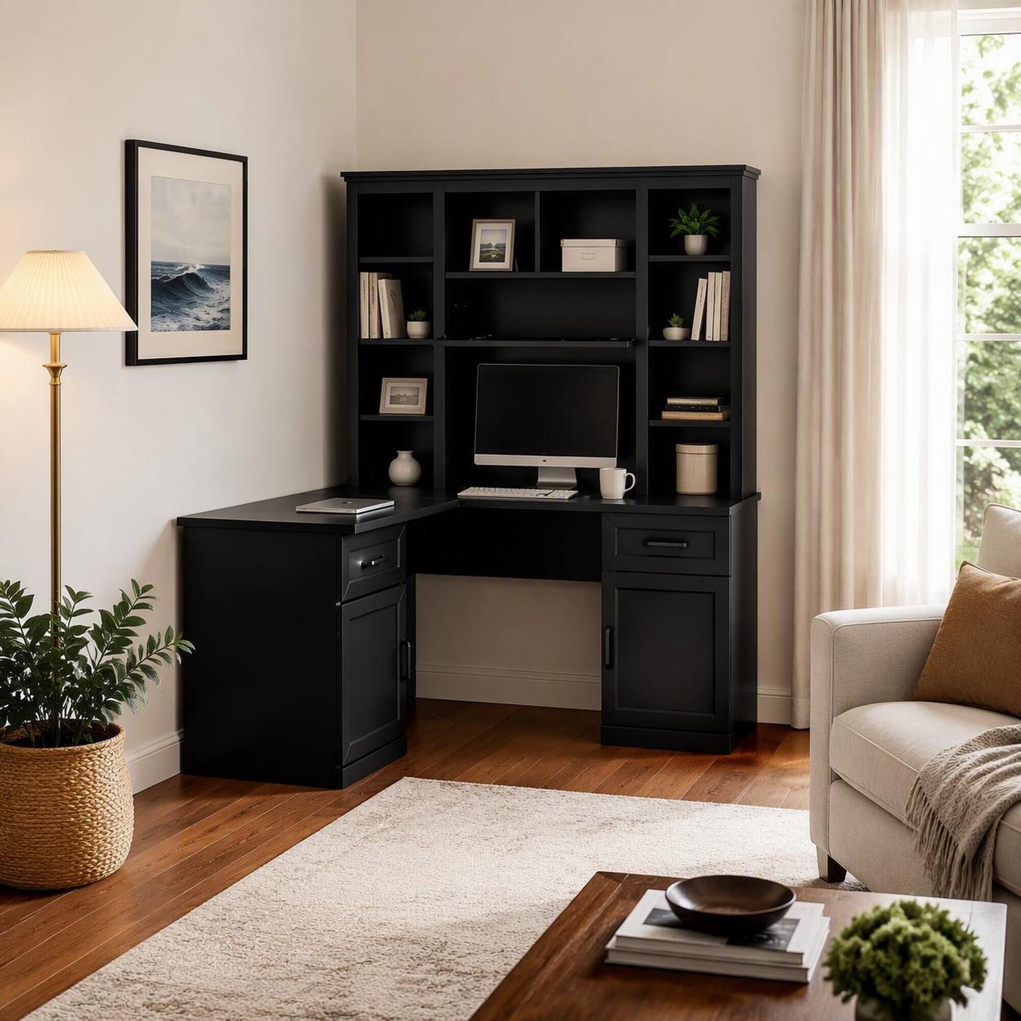 Back. RYHNUYNE - L-Shaped Computer Desk, 65 x 52 Inches, Black MDF, 2 Cabinets, 2 Drawers, 11 Open Shelves, Flip-Up Storage, for Study - Black.