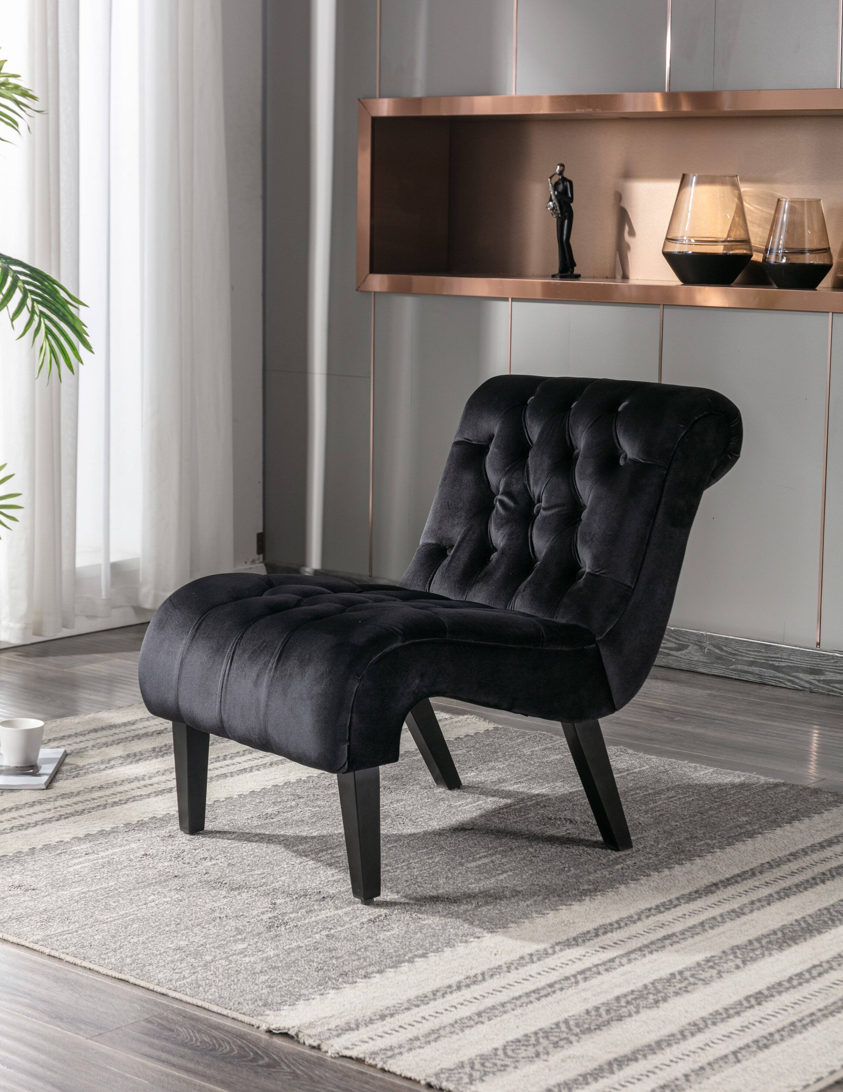 Angle. Trinkets Crazed - Velvet Accent Lounge Chair for Living Room, Modern Leisure Chair with Tufted Backrest, Indoor Armless Side Chair - Black.