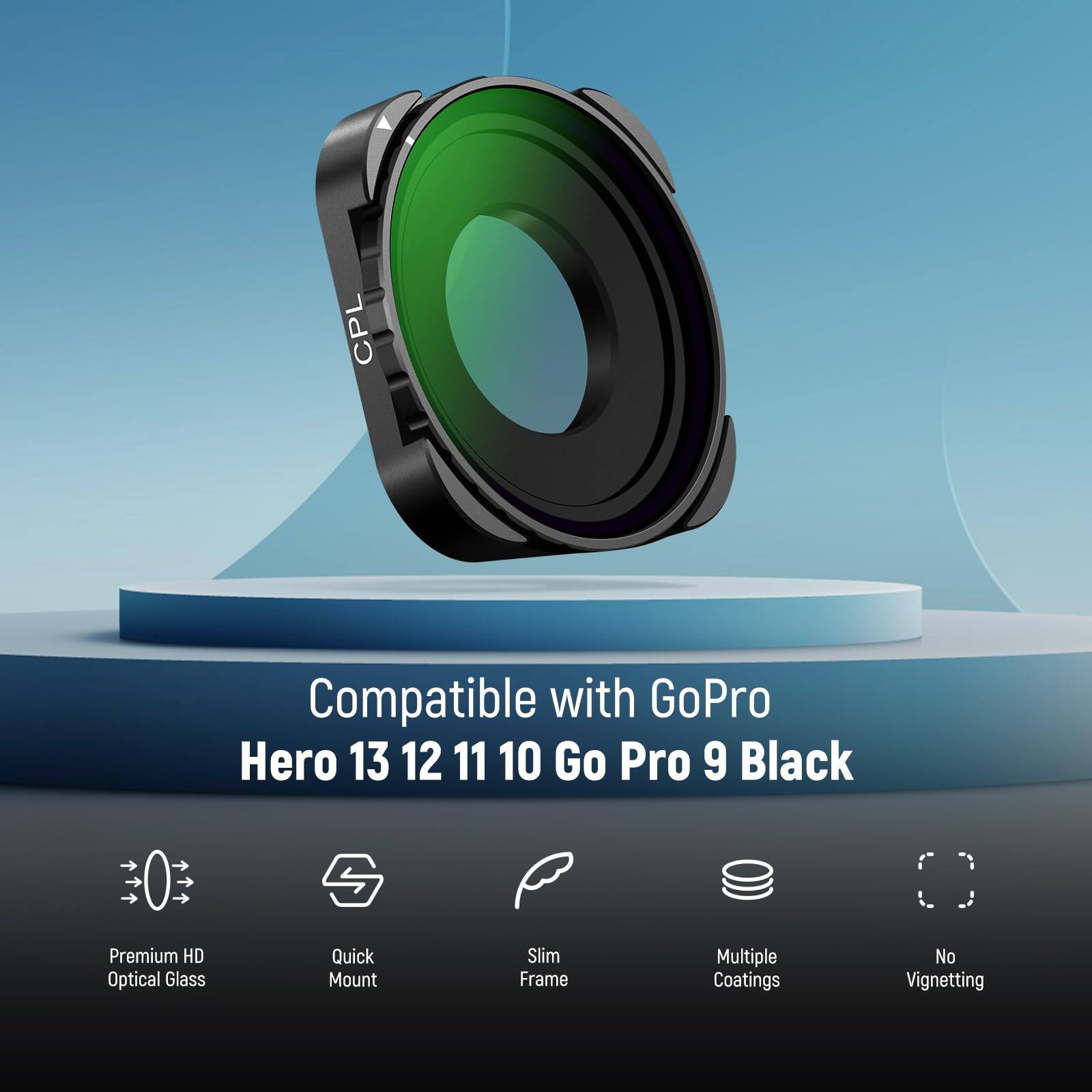 CPL Compatible with GoPro Hero 13 12 11 10 Go Pro 9 Black Premium HD Optical Glass Quick Mount Slim Frame Multiple Coatings No Vignetting