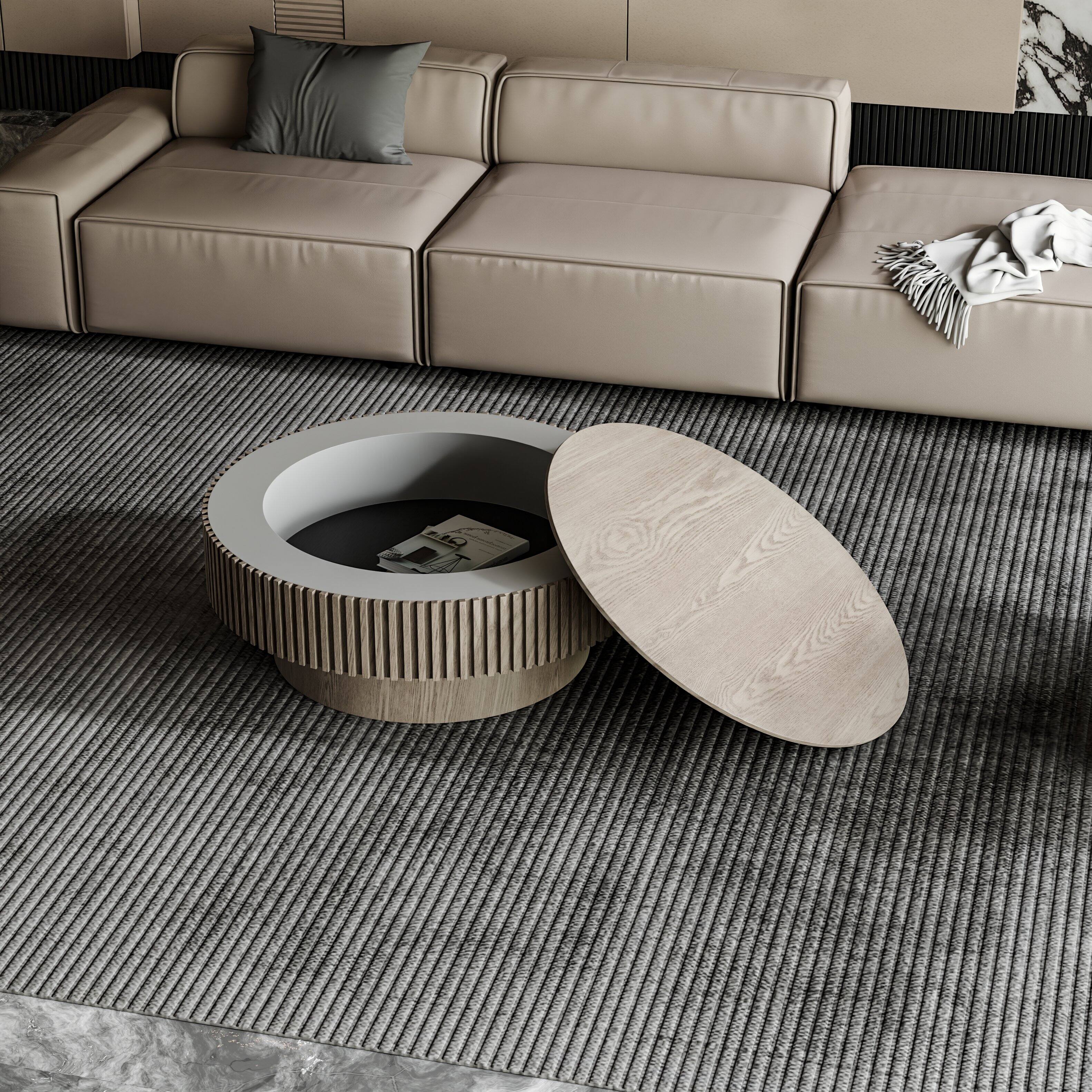 Back. Loheer - Loheer 31.5 Inch Round Coffee Table with Storage Modern Grey Solid Wood Veneer Living Room Table - Grey.