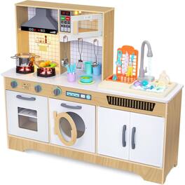Lil' Jumbl - Kids Kitchen Playset, Pretend Kids Wooden Kitchen with Washer/Dryer, Sink & More - Natural