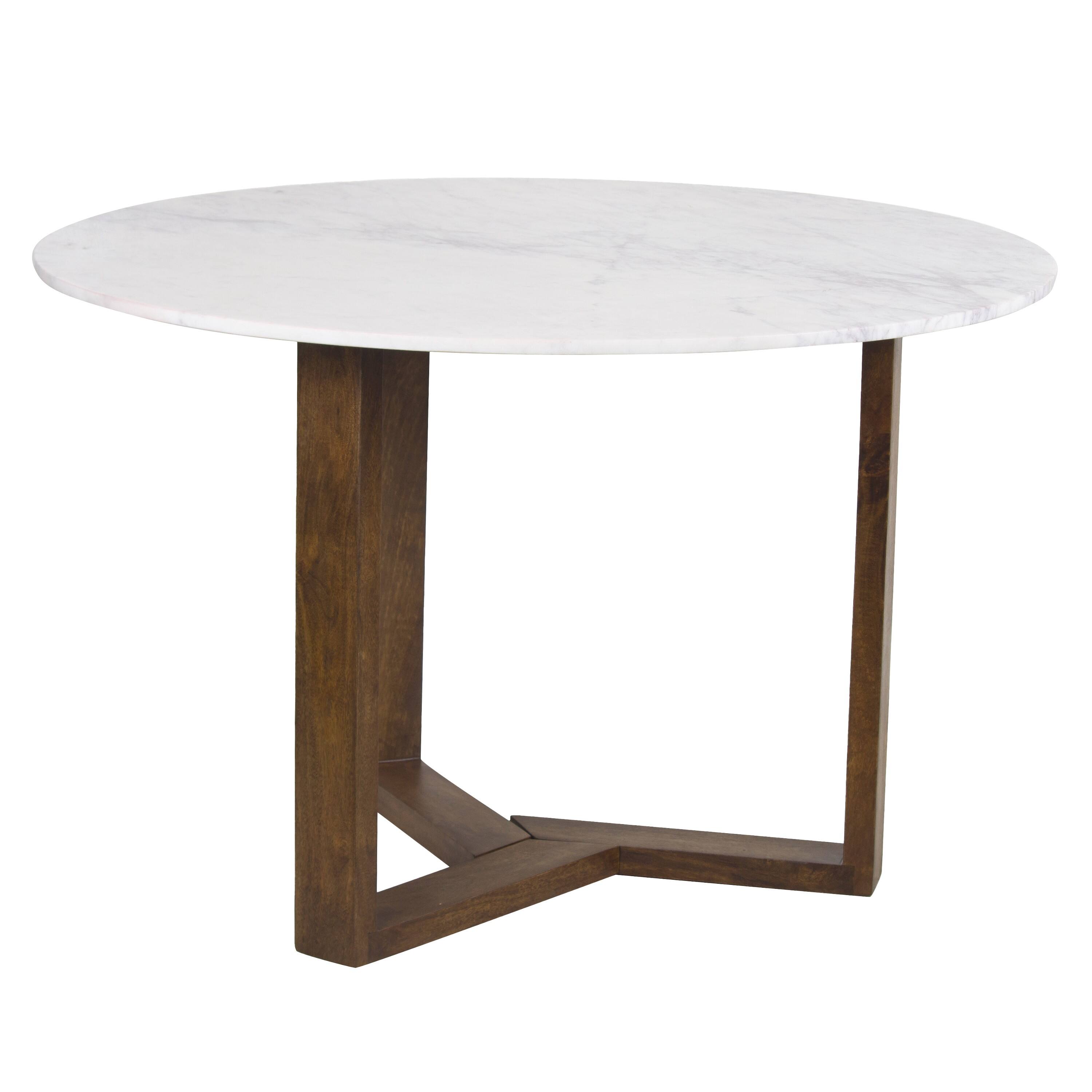 Angle. Manhattan Lane - Fina 48 Inch Round Dining Table, White Genuine Marble Top, Natural Brown Mango Wood 3 Leg Sled Base - White, Natural Brown.