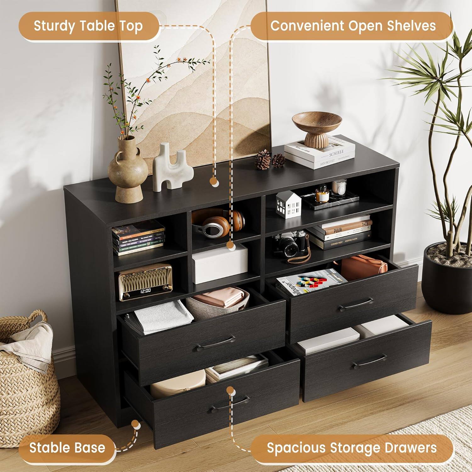 Sturdy Table Top  
Convenient Open Shelves  
Stable Base  
Spacious Storage Drawers