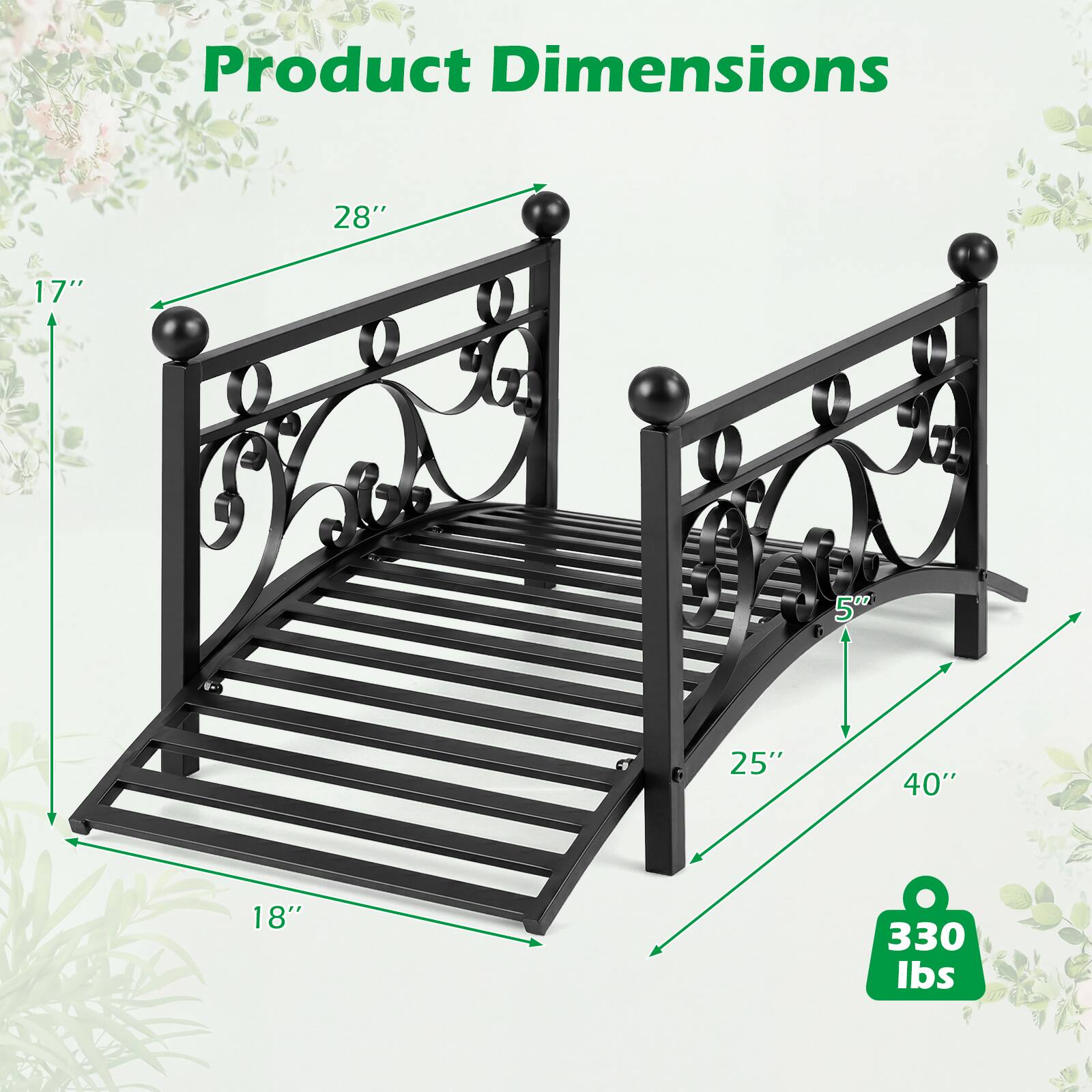 Gymax 3.3 ft Garden Metal Bridge Outdoor Arched Bridge w/Dual Patterned ...
