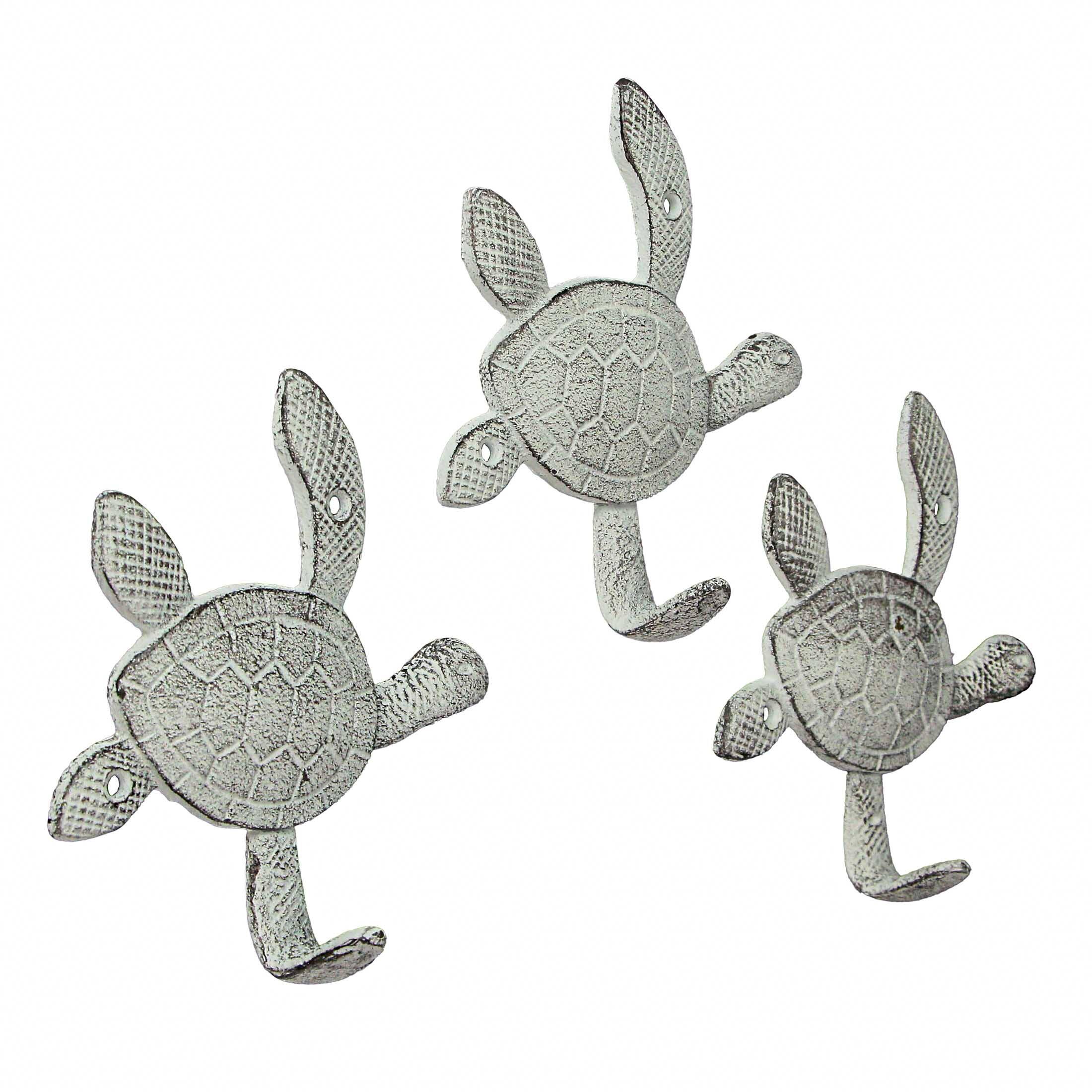 Alt View 2. Chesapeake Bay - 6 Inch Cast Iron Antique White Sea Turtle Wall Hook Towel Hanger Hat Rack Home Decor Set of 3 - White.