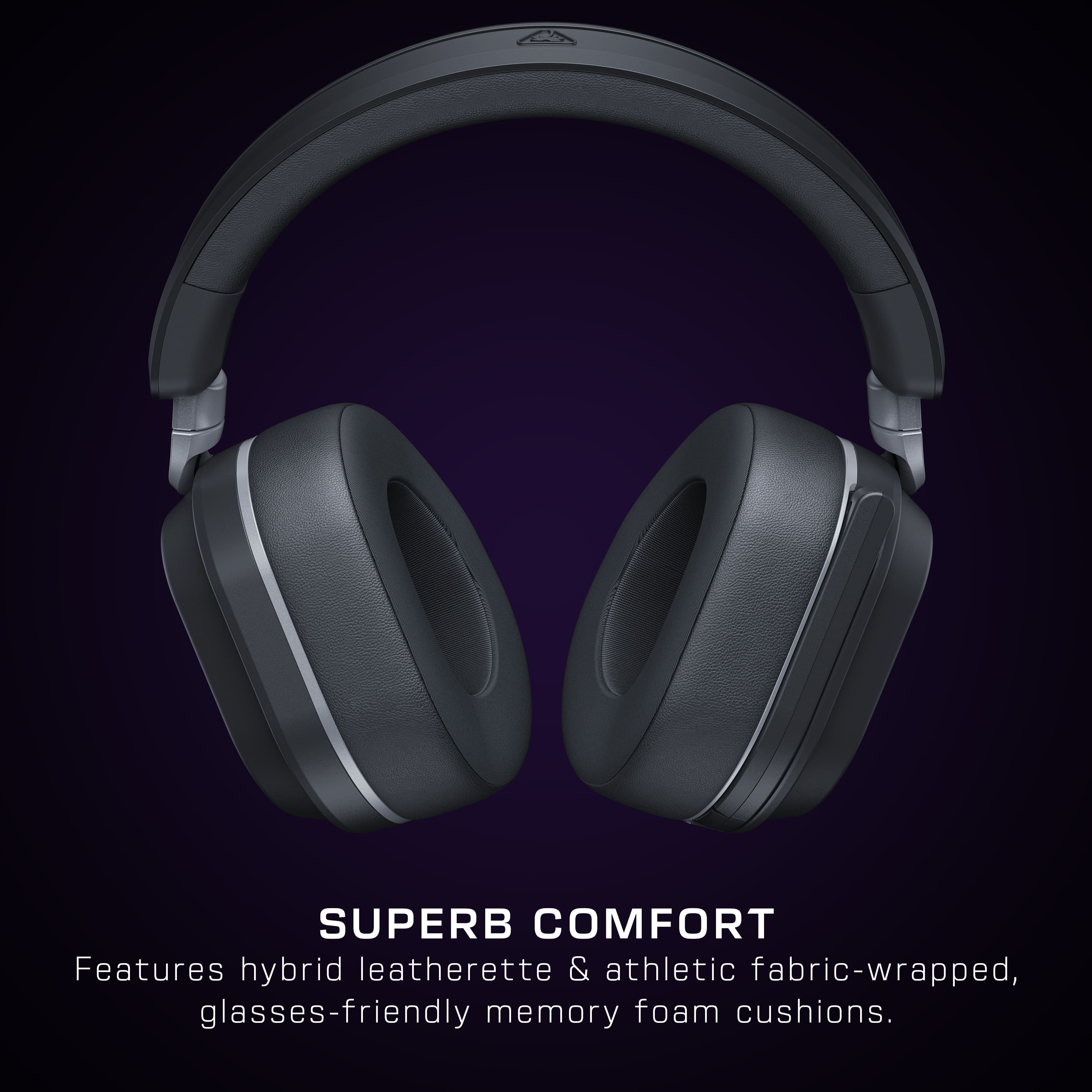 The image features a pair of headphones with the text "SUPERB COMFORT" written on it. The headphones are described as having hybrid leatherette and athletic fabric-wrapped ear cushions, as well as fabric glasses-friendly memory foam cushions.