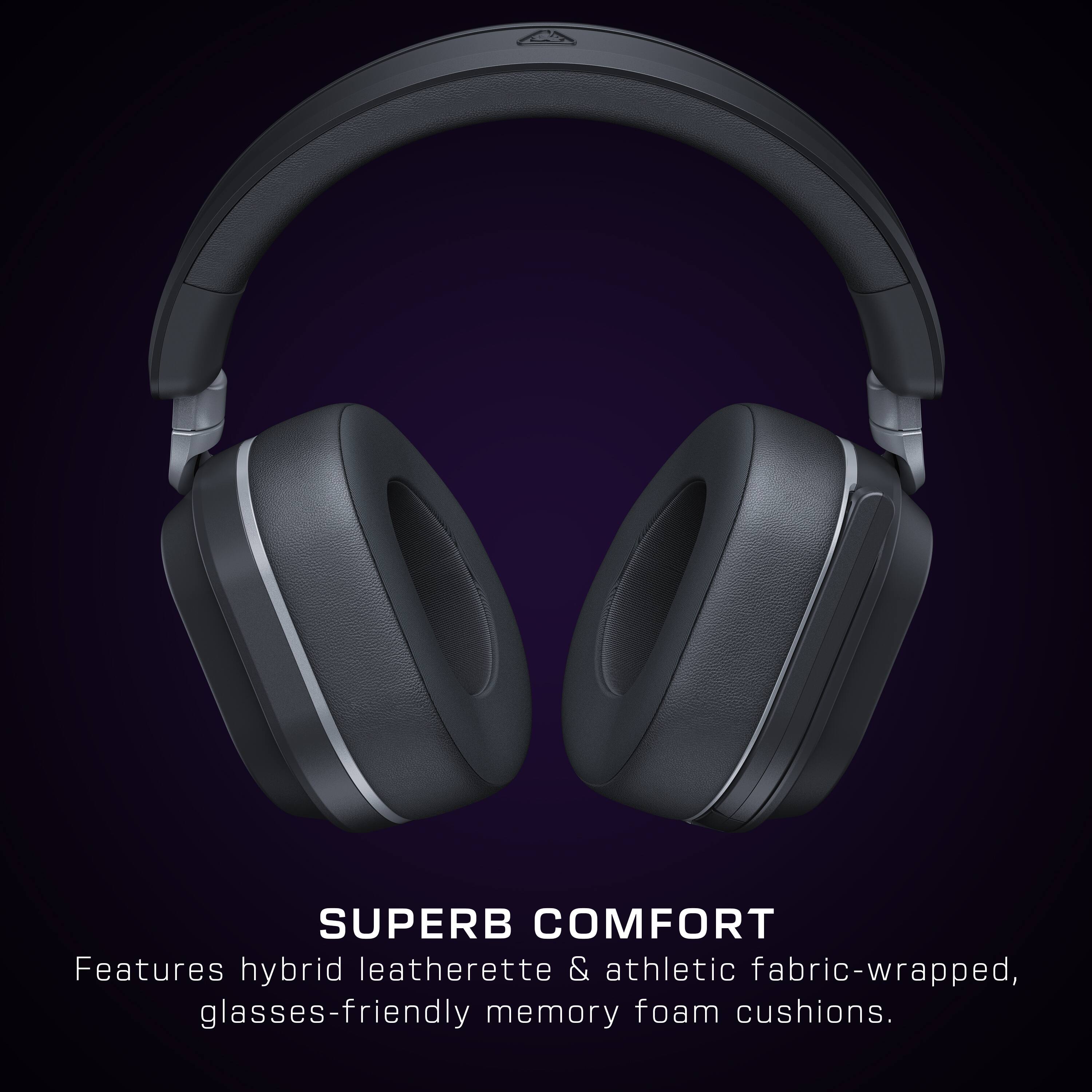 The image features a pair of headphones with the text "SUPERB COMFORT" written on it. The headphones are described as having hybrid leatherette and athletic fabric-wrapped ear cushions, as well as fabric glasses-friendly memory foam cushions.