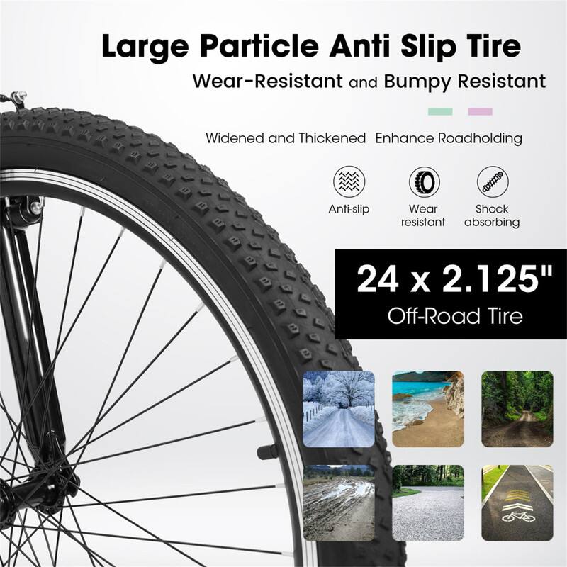 Large Particle Anti Slip Tire  
Wear-Resistant and Bumpy Resistant  
Widened and Thickened Enhance Roadholding  
Anti-slip  
Wear resistant  
Shock absorbing  

24 x 2.125" Off-Road Tire