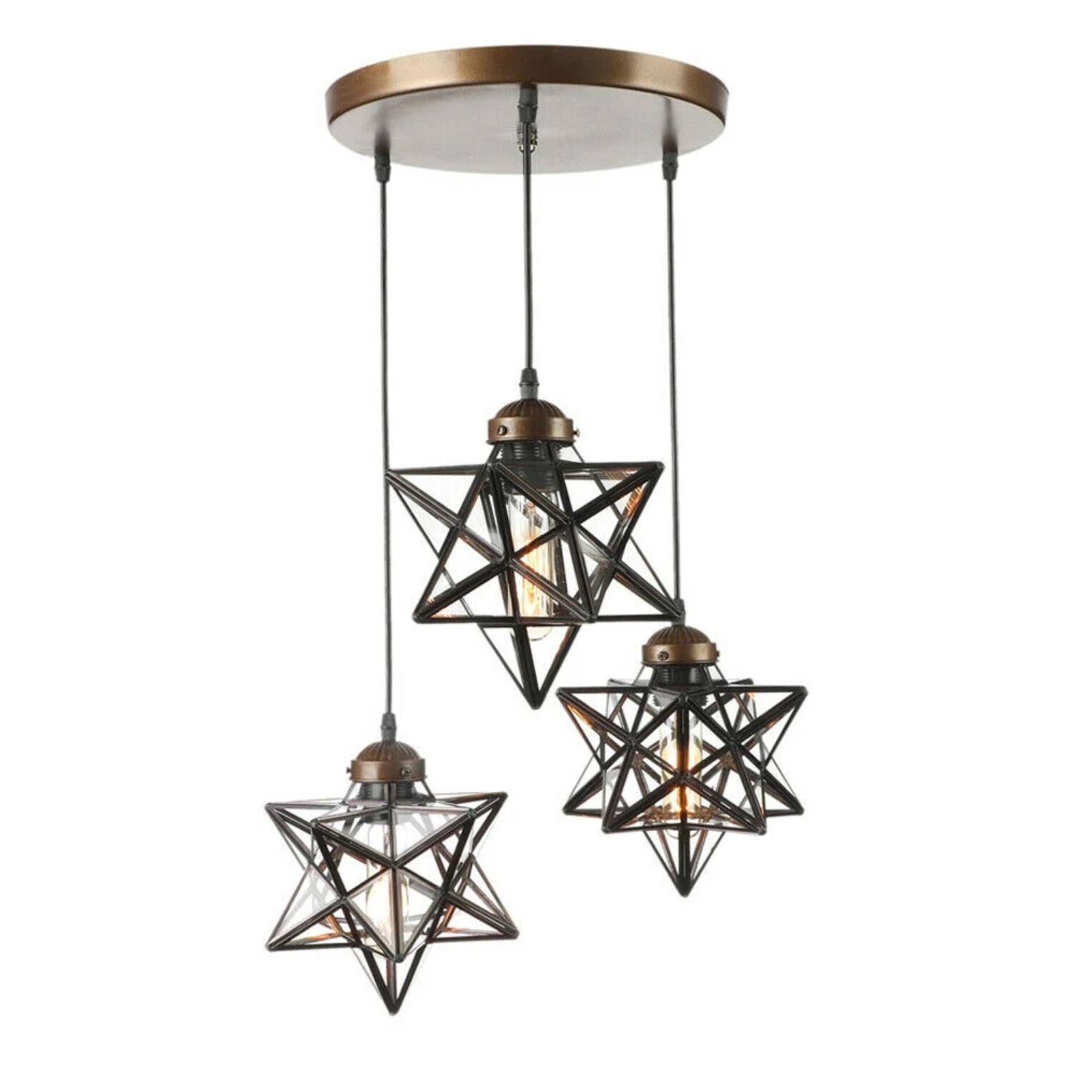 Front. Stock Preferred - 3-Light Metal Star Pendant Light Fixture - Brown.
