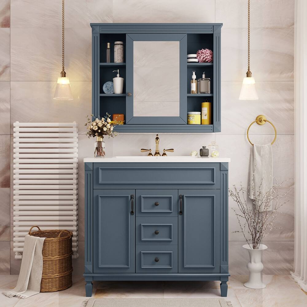 Left. Loheer - Loheer 36 inch Bathroom Vanity Royal Blue Vanity with Mirror - Blue.