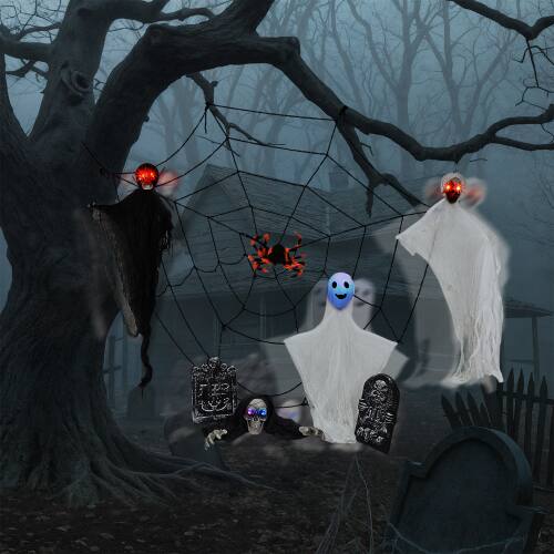Alt View 7. Winado - Halloween Scray Hanging Skeleton Ghosts, Spider Web, Tombstone 8PCS Decoration for In/Outdoor Patio Garden Haunted House - White & Black.