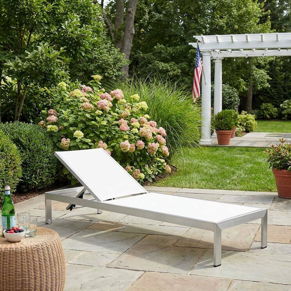 Left. Outdoor Escape - Aluminum Outdoor Patio Lounge Chair With Adjustable Backrest For Relaxation - White.