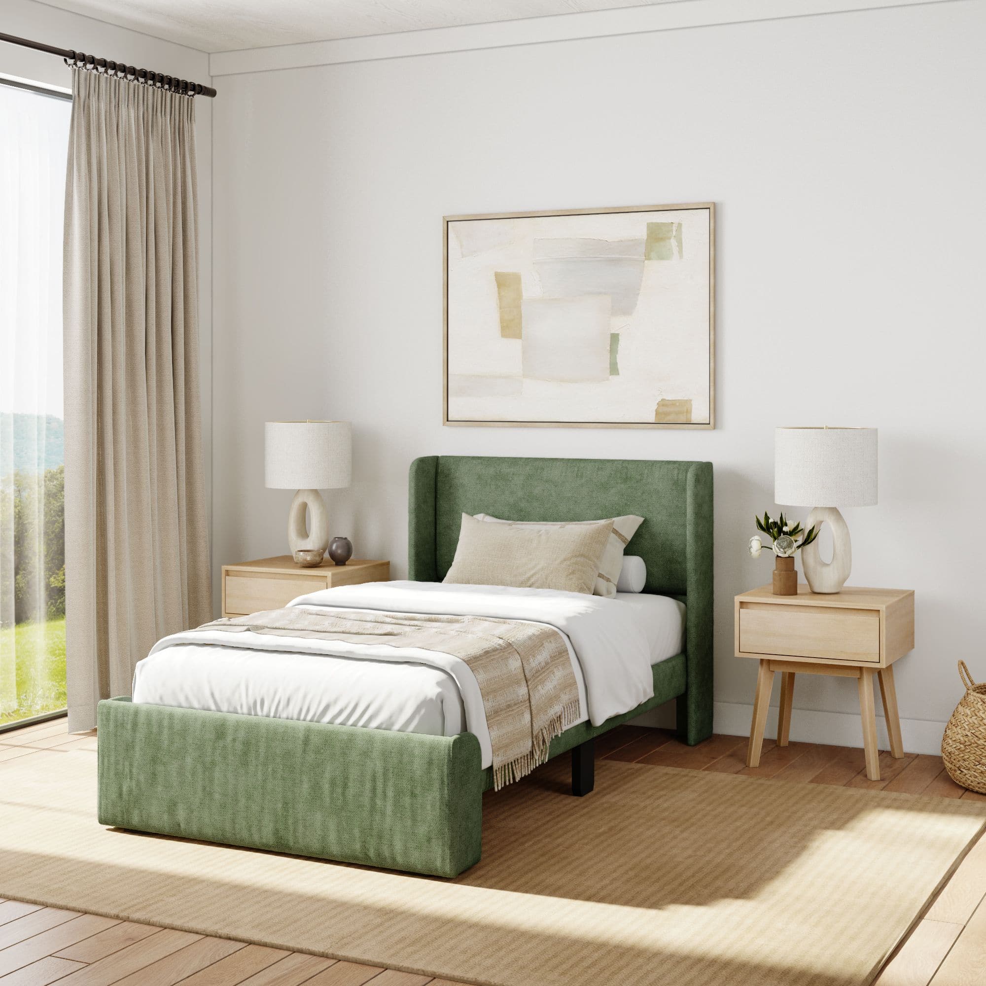 Plank+Beam - Upholstered Bed with Rectangular Headboard (Twin), Green - Green