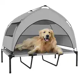 Pawhut - Elevated Bed, Raised Pet Bed with Removable Canopy, Breathable Mesh, Portable Pet Cot, 36" x 29.5" x 35" - Light Gray
