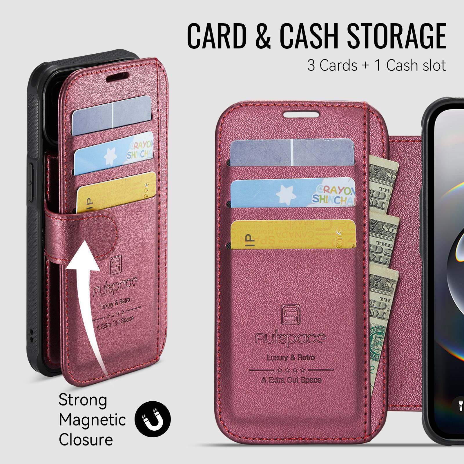 CARD & CASH STORAGE  
3 Cards + 1 Cash slot  

RAYO SHINCHA AR 20G P  
nulspace  
Rodo LirY & Out Space  
A Exi Strong Magnetic Closure  
CRAYON TH SHINCHA WO RRAZII  
CANADA IP SP  
906 THE TH S Auispace Luxury a Rotro  
2 A Extra Out Space  

Strong Magnetic Closure