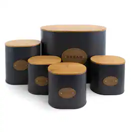 MegaChef - Kitchen Food Storage and Organization 5 Piece Canister Set in Grey with Bamboo Lids - Gray and Brown