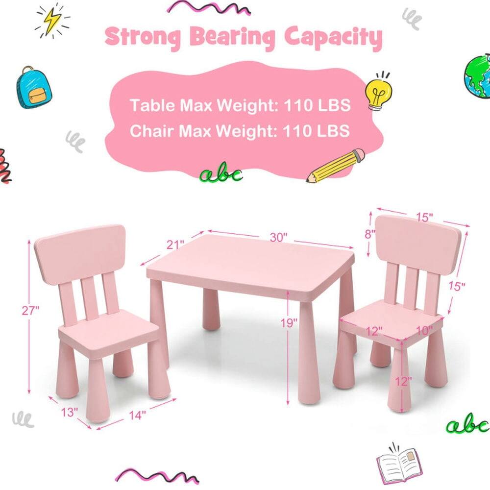 Strong Bearing Capacity  
Table Max Weight: 110 LBS  
Chair Max Weight: 110 LBS  

Table Dimensions:  
- Length: 30"  
- Width: 21"  
- Height: 19"  

Chair Dimensions:  
- Height: 27"  
- Seat Width: 15"  
- Seat Depth: 14"  
- Back Height: 15"  
- Armrest Height: 8"  
- Leg Width: 12"  
- Leg Depth: 10"  
- Leg Height: 12"