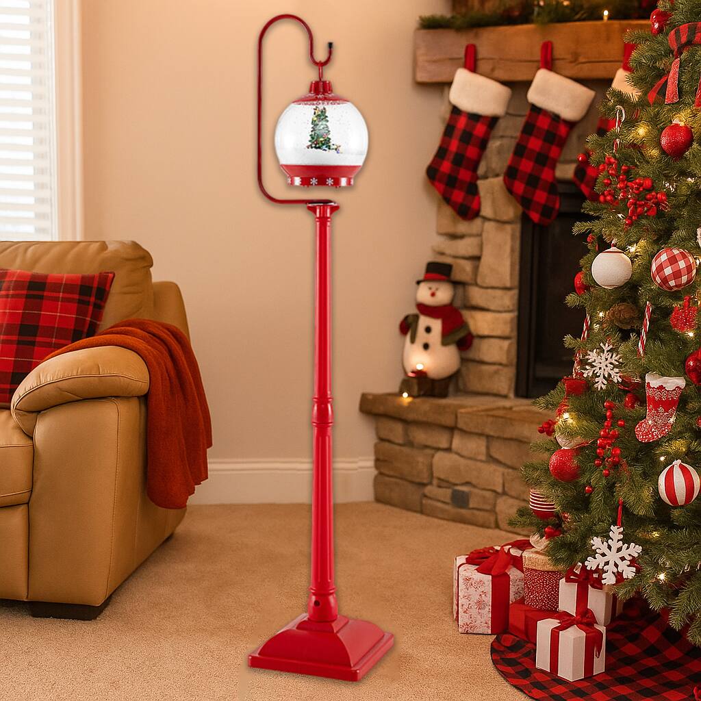 Angle. BreeBe - 68 Inch Christmas Lantern Post with Music and Snow Globe Display - Red.
